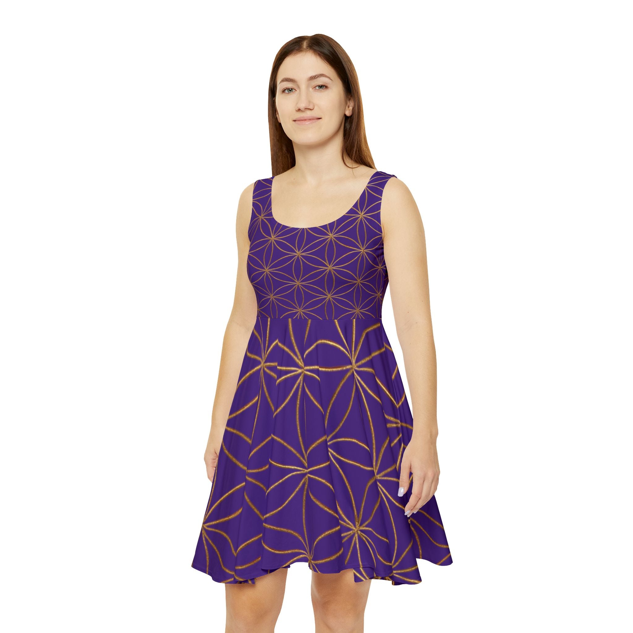 Purple Flower of Life Skater Dress - Women's Floral Gold Print Summer Dress