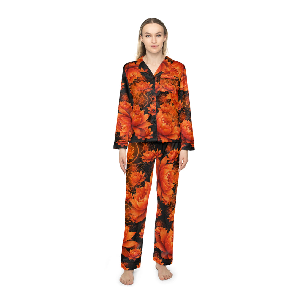 Orange Sacral Chakra Floral Satin Pajamas Set - Luxurious Women's Sleepwear