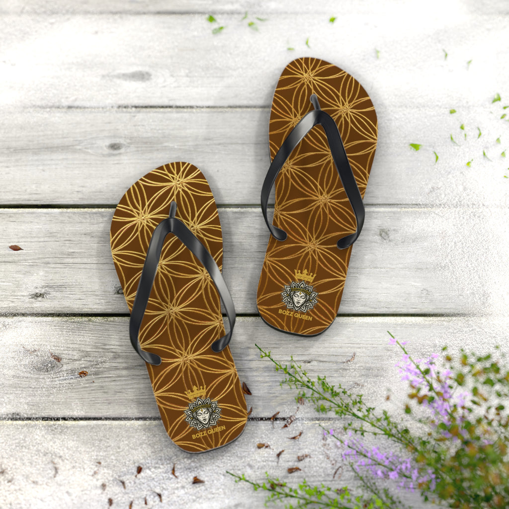 Bozz Queen Brown & Gold Flower of Life Flip Flops - Elegant Beach Sandals