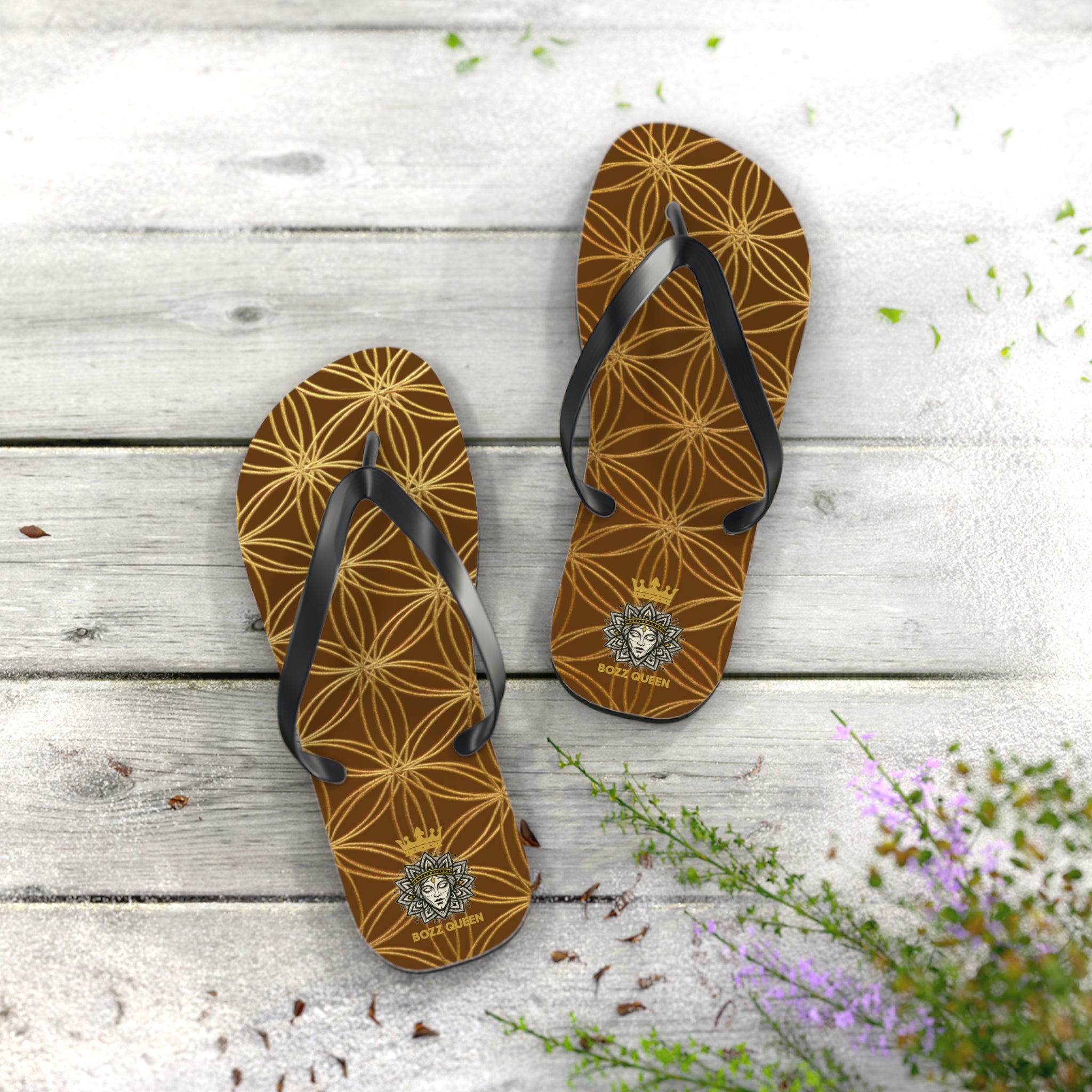 Bozz Queen Brown & Gold Flower of Life Flip Flops - Elegant Beach Sandals