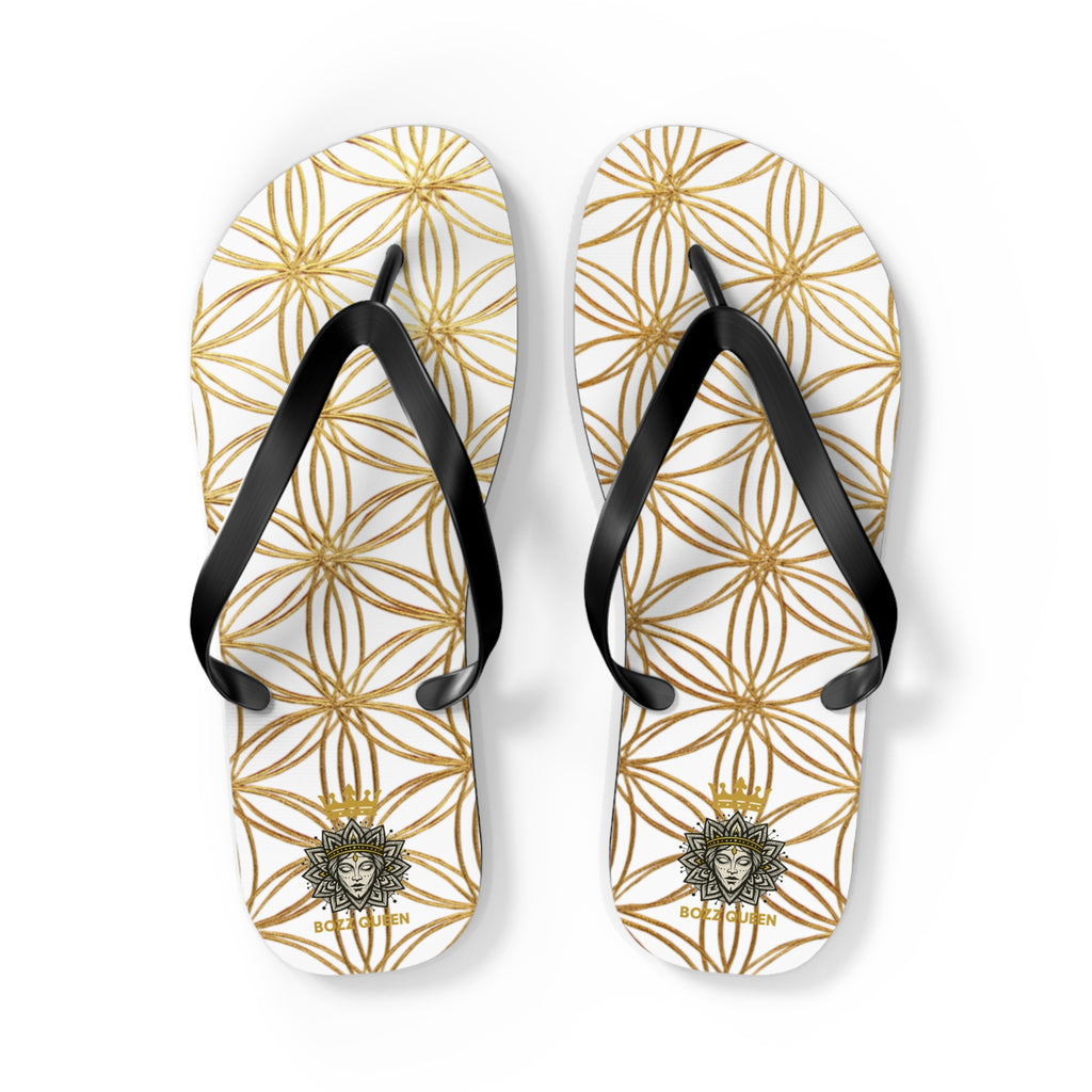 Bozz Queen White & Gold Flower of Life Flip Flops - Elegant Beach Sandals