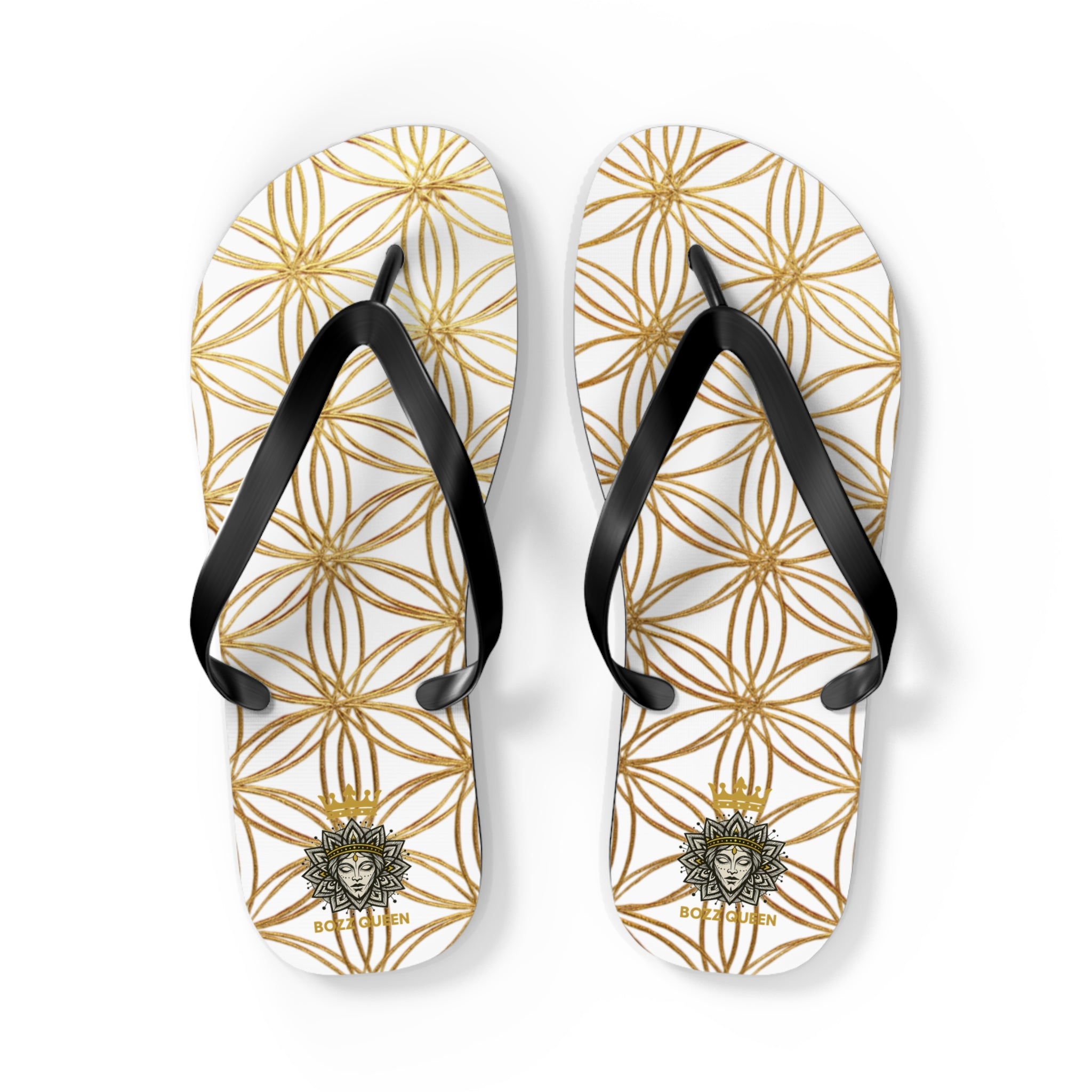 Bozz Queen White & Gold Flower of Life Flip Flops - Elegant Beach Sandals