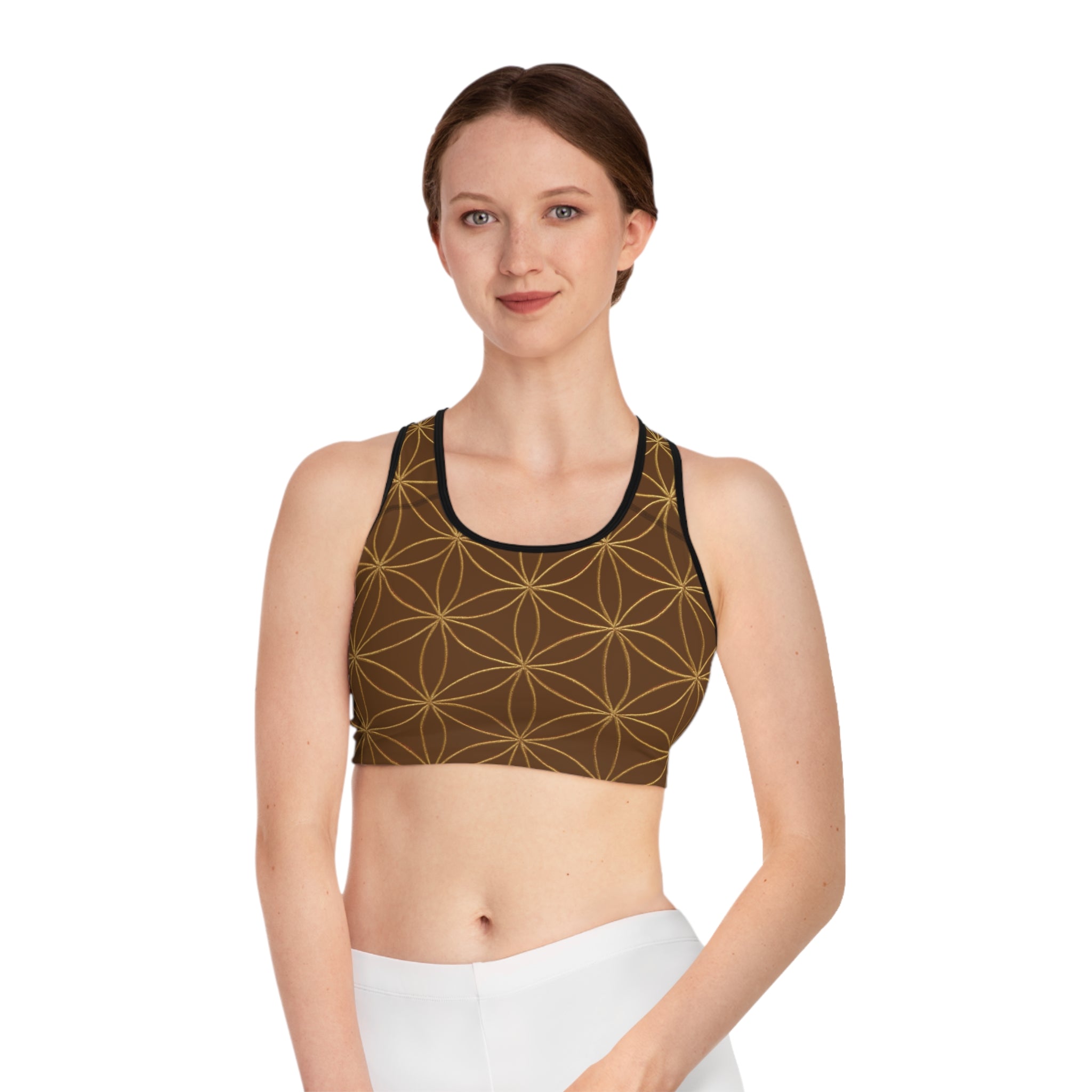Bozz Queen Brown & Gold Flower of Life Sports Bra - Yoga Workout Top