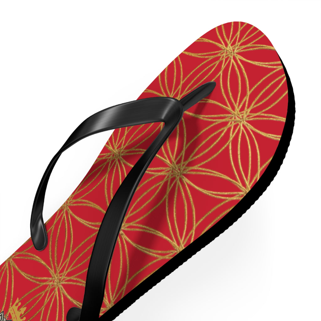 Bozz Queen Dark Red & Gold Flower of Life Flip Flops - Elegant Beach Sandals