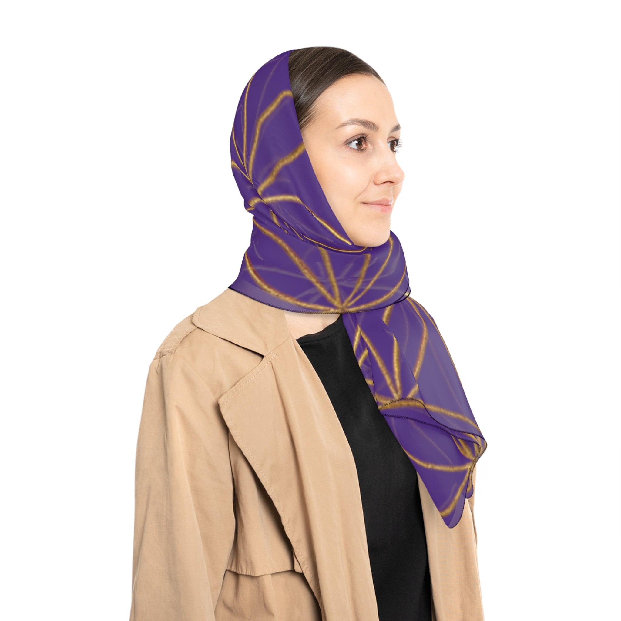 Bozz Queen Flower of Life Scarf - Purple & Gold Elegant Lightweight Poly Scarf