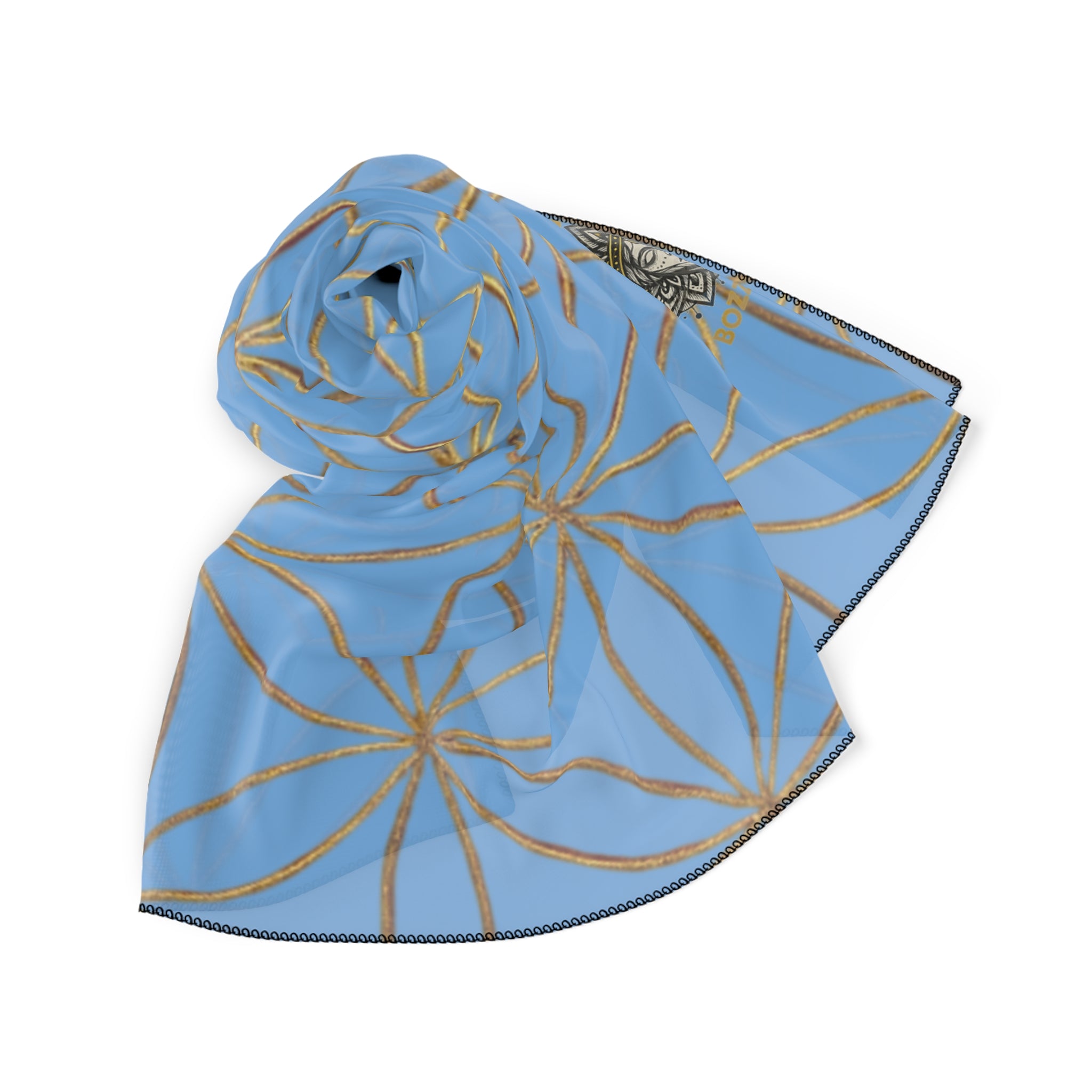 Bozz Queen Flower of Life Scarf - Light Blue & Gold Elegant Lightweight Poly Scarf