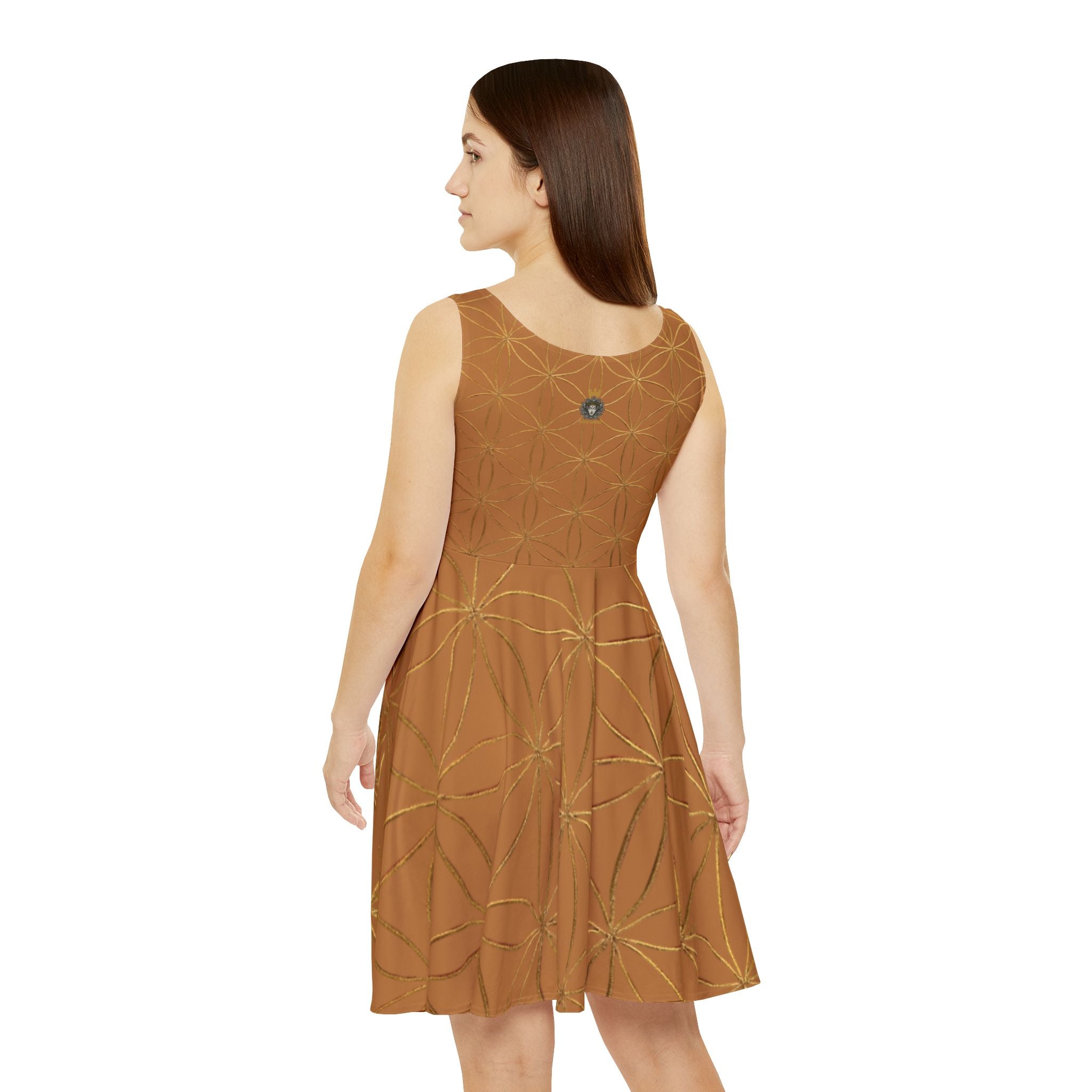 Light Brown Flower of Life Skater Dress - Women's Floral Gold Print Summer Dress