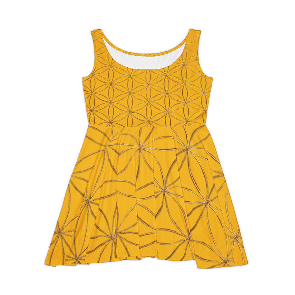 Yellow Flower of Life Skater Dress - Women's Floral Gold Print Summer Dress