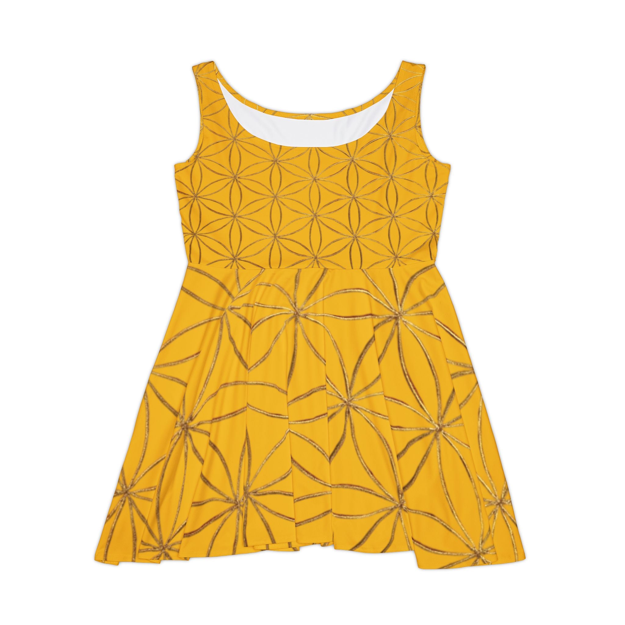 Yellow Flower of Life Skater Dress - Women's Floral Gold Print Summer Dress