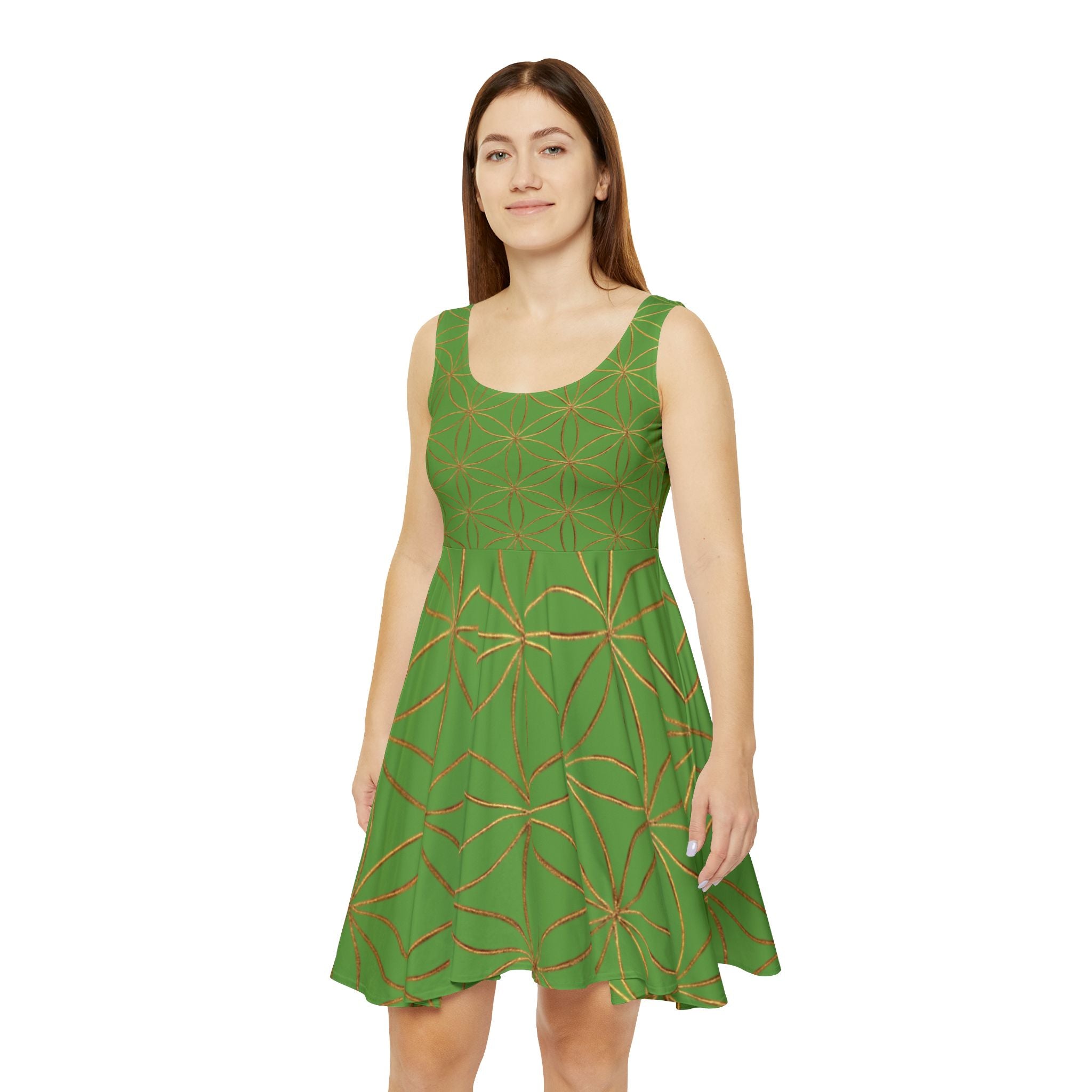Green Flower of Life Skater Dress - Women's Floral Gold Print Summer Dress