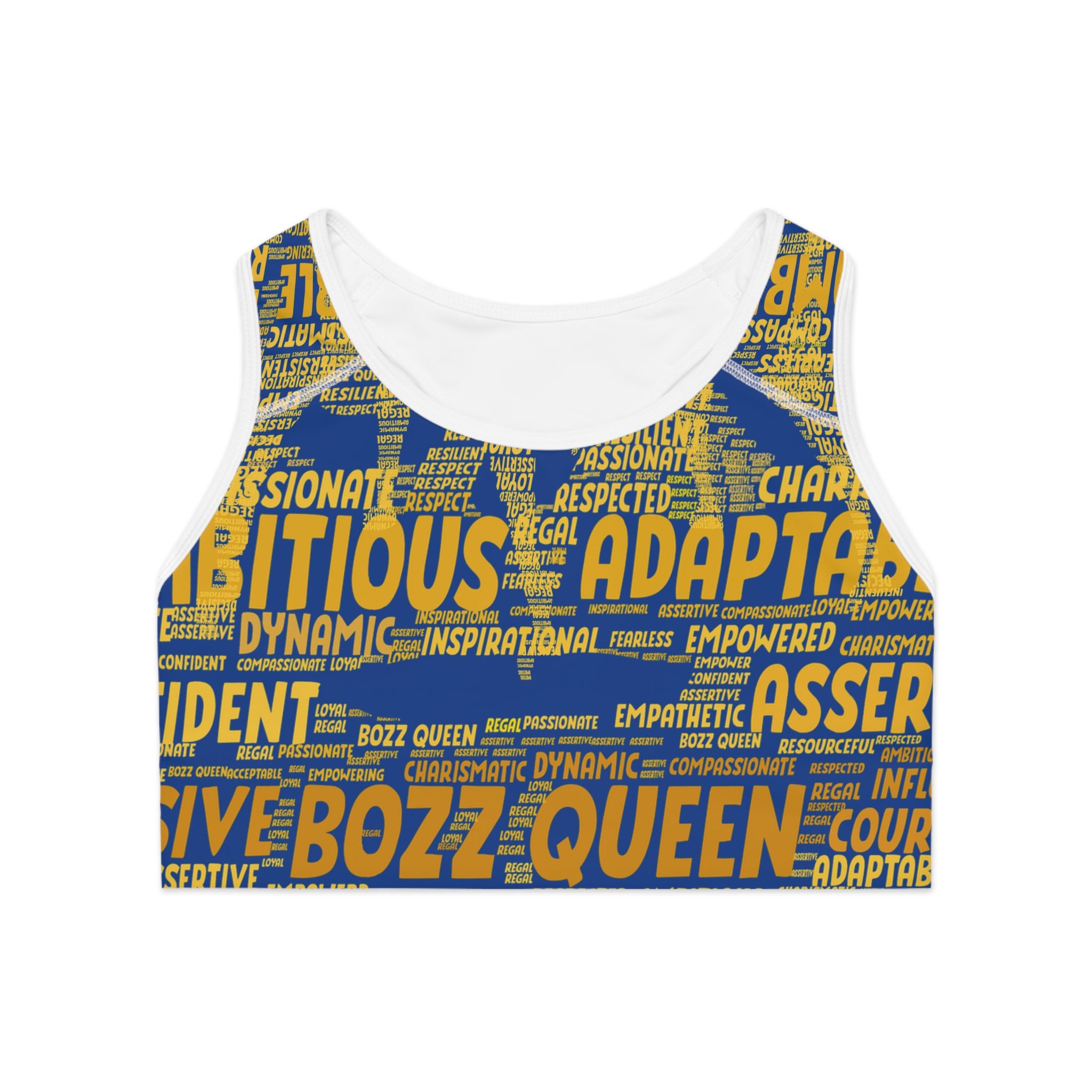 Empowered Words Sports Bra - Bozz Queen Origin Collection | Dark Blue & Yellow