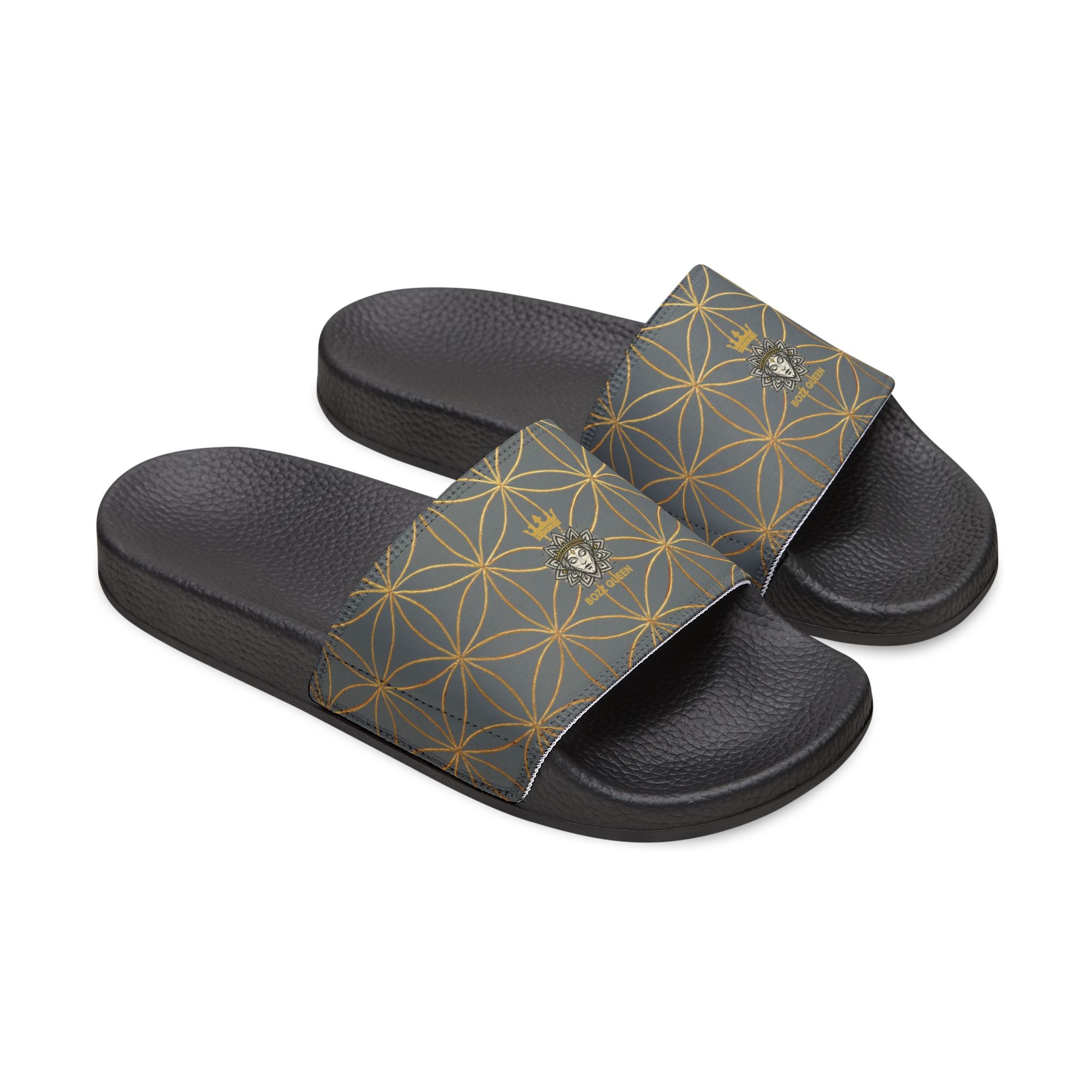 Bozz Queen Dark Grey Flower of Life Women's Sandals - Removable Strap Beach Slides