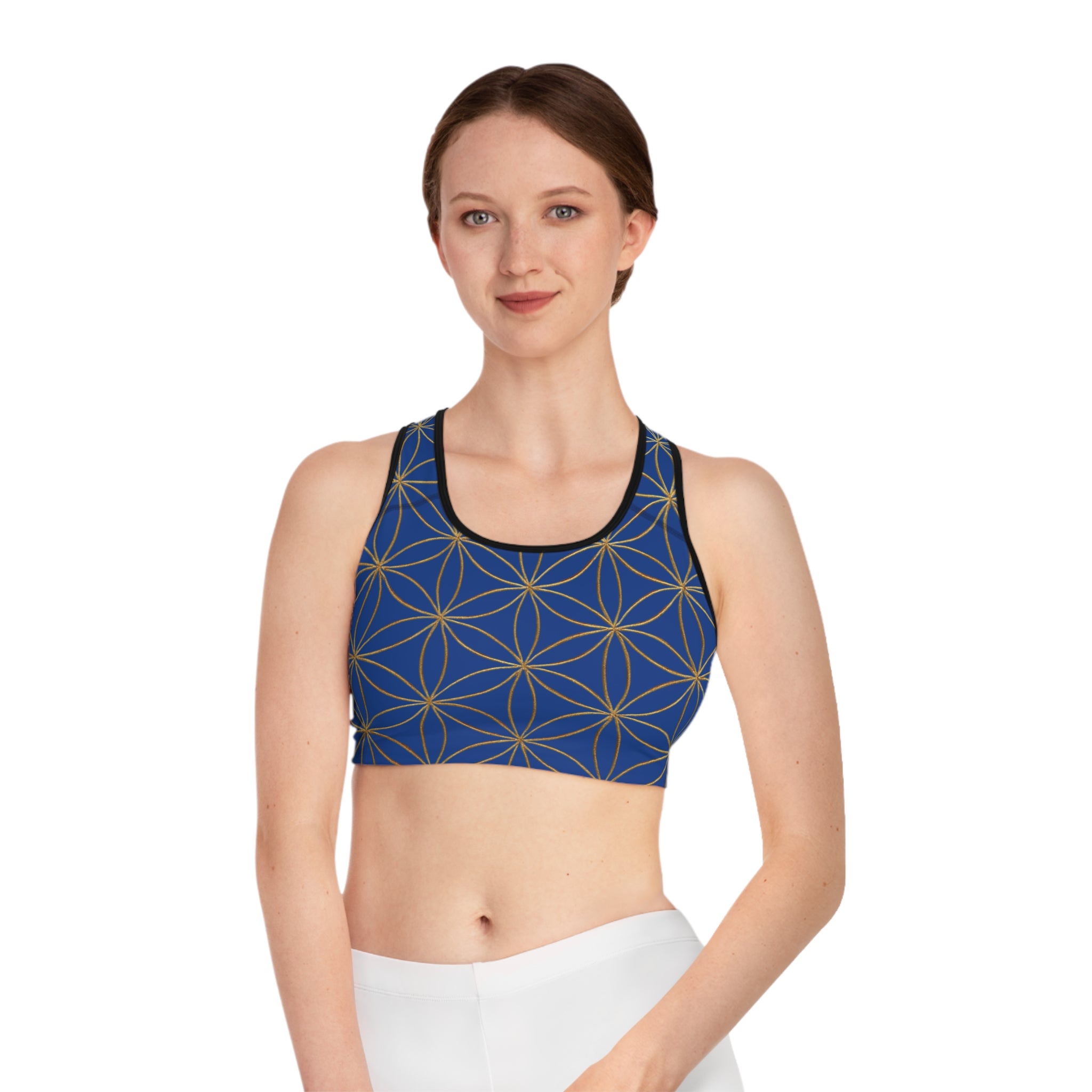 Bozz Queen Dark Blue & Gold Flower of Life Sports Bra - Yoga Workout Top