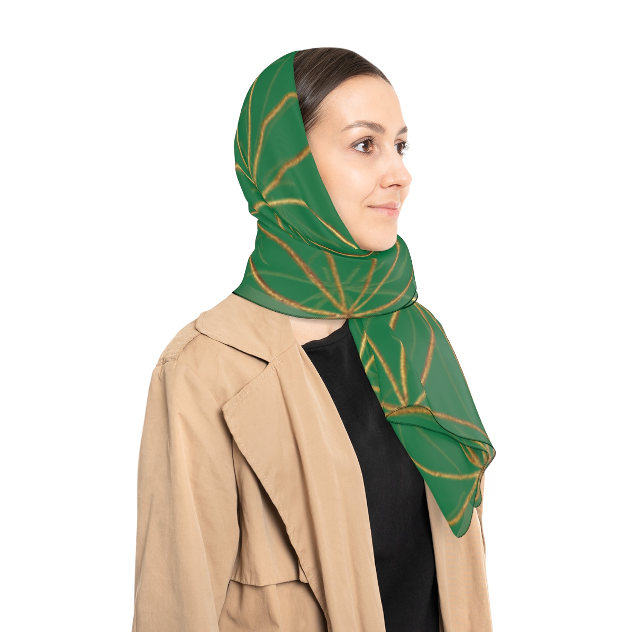 Bozz Queen Flower of Life Scarf - Dark Green & Gold Elegant Lightweight Poly Scarf