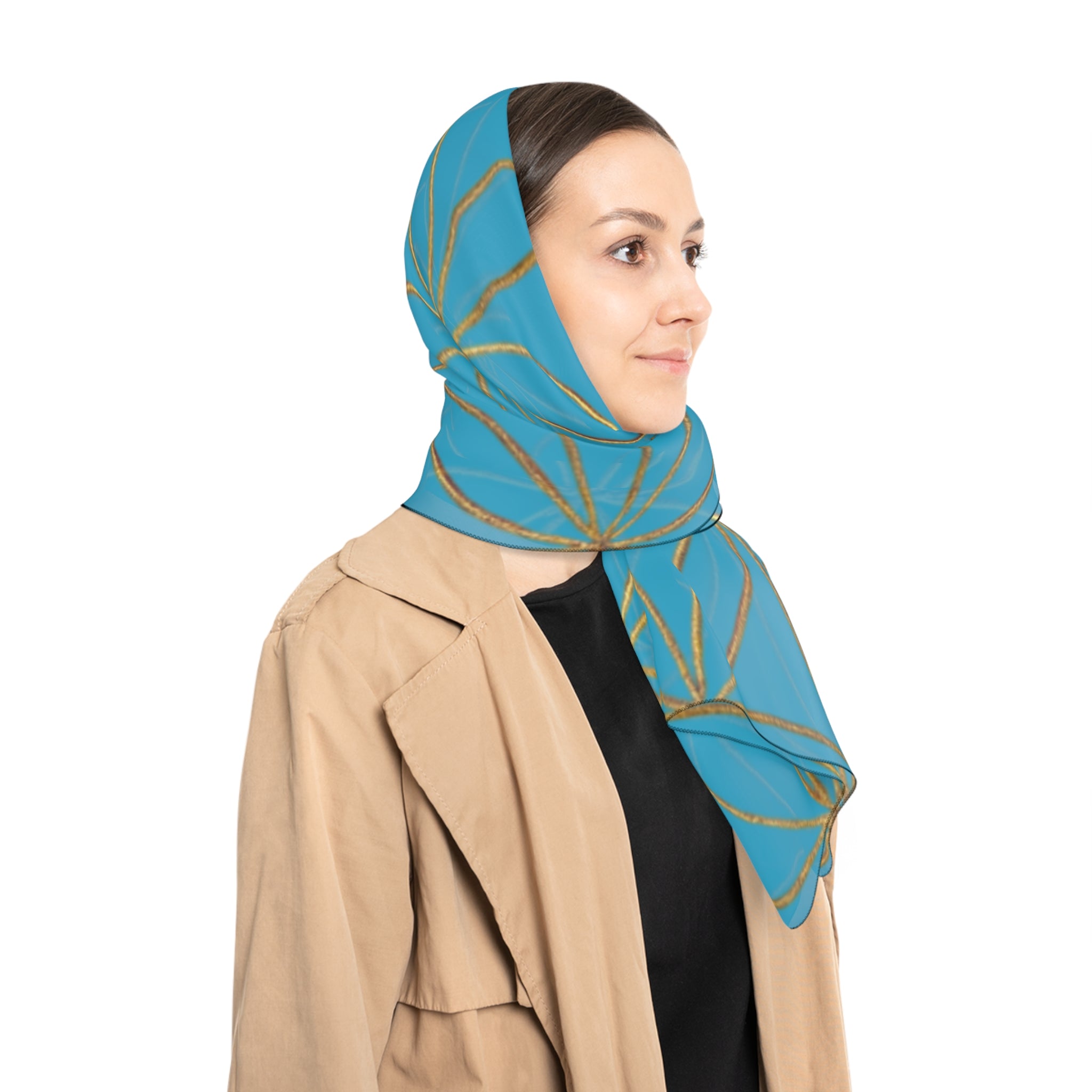 Turquoise and golden Flower of Life Elegant Floral Poly Scarf, Boho Chic Accessory, Perfect for Spring, Mother's Day Gift, Versatile Fashion Scarf, Lightweight Wrap