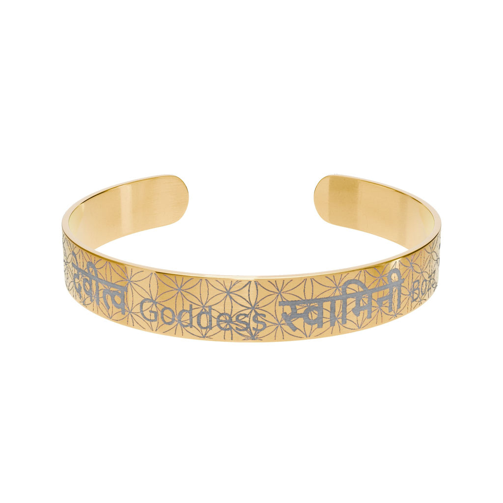 I am Goddess Engraved Cuff Bracelet - Sanskrit & English Personalized Jewelry