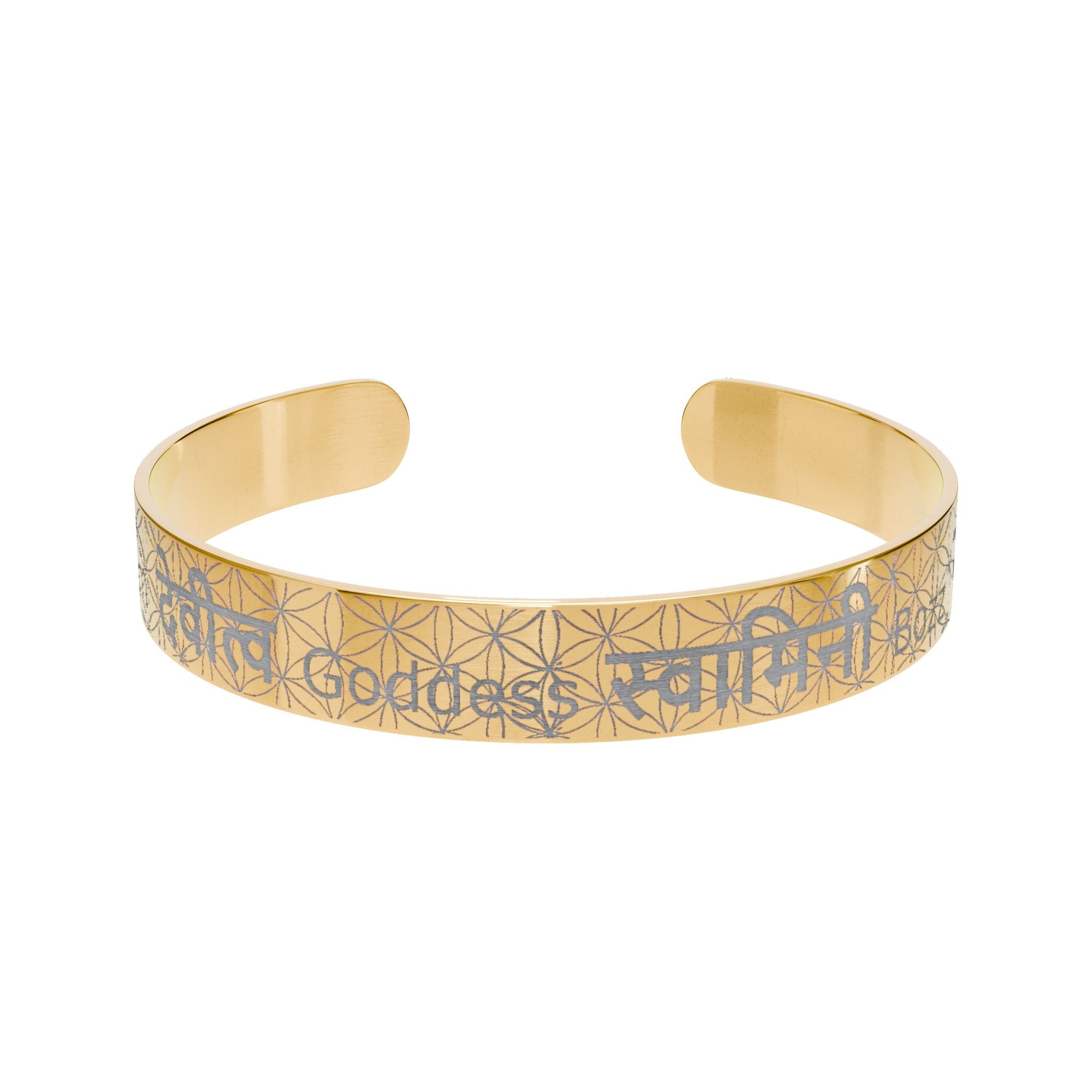 I am Goddess Engraved Cuff Bracelet - Sanskrit & English Personalized Jewelry