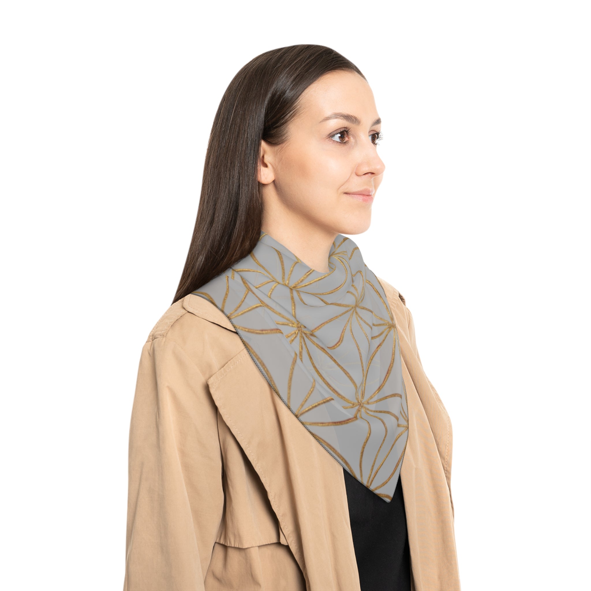 Bozz Queen Flower of Life Scarf - Light Grey & Gold Elegant Lightweight Poly Scarf