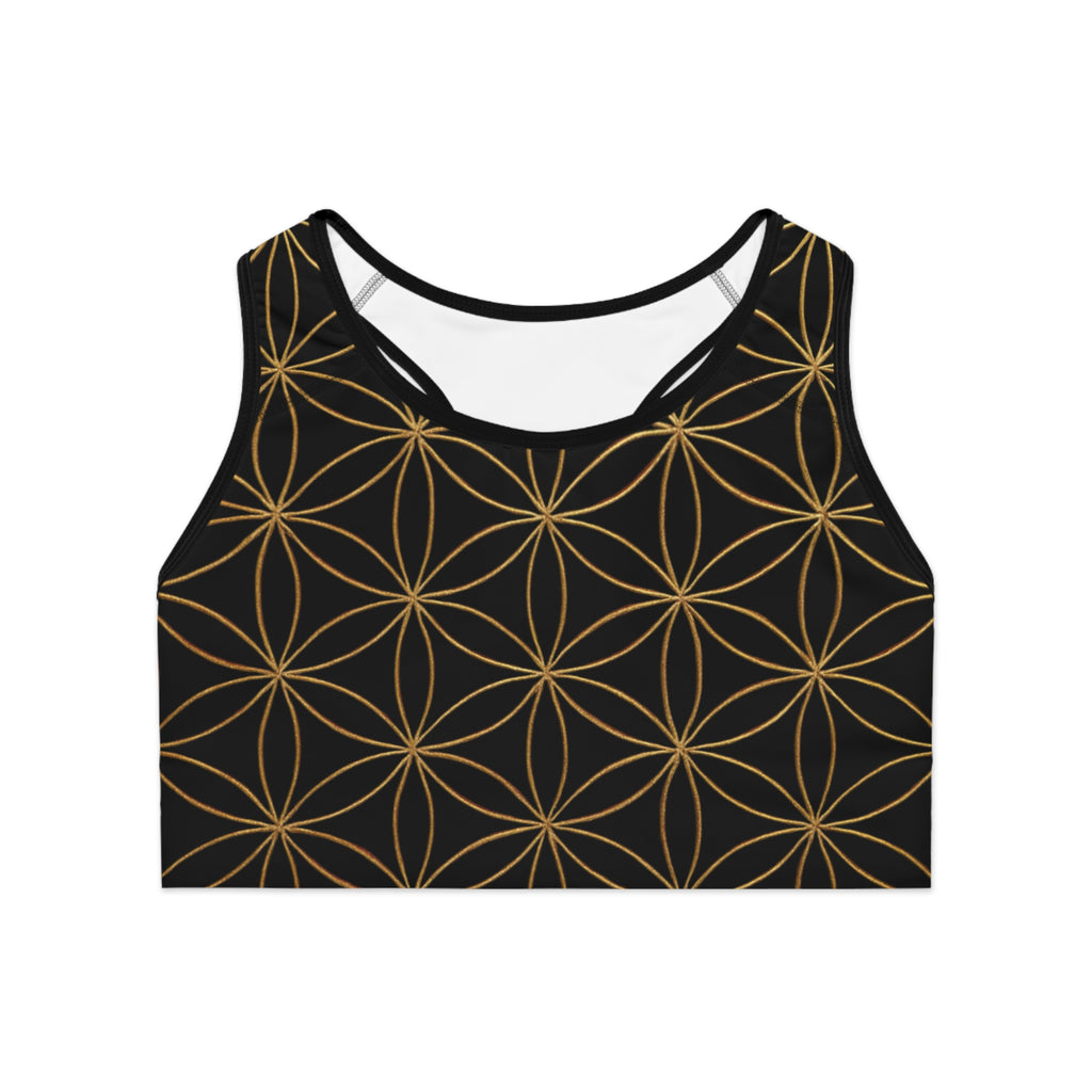 Bozz Queen Black & Gold Flower of Life Sports Bra - Yoga Workout Top