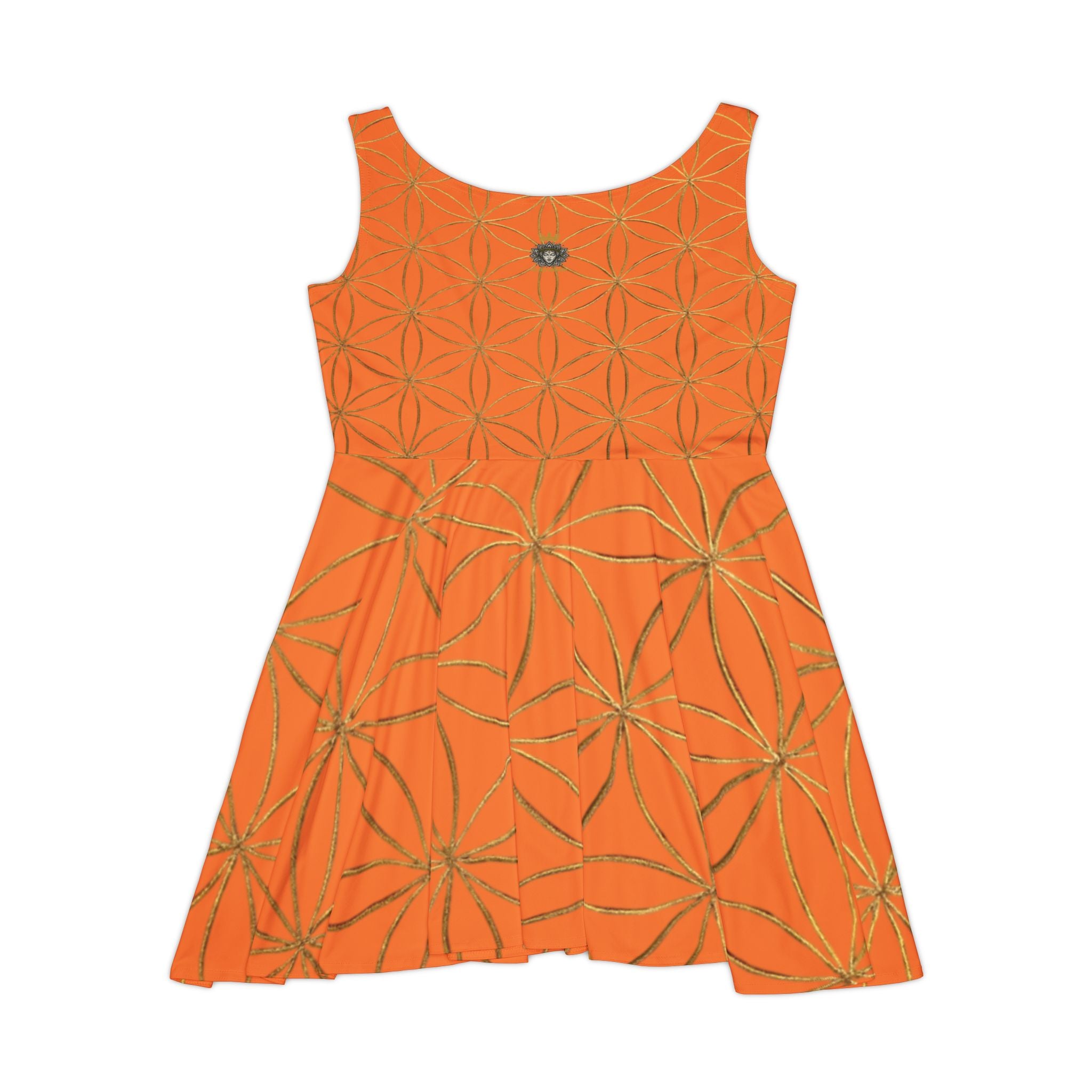 Light Orange Flower of Life Skater Dress - Women's Floral Gold Print Summer Dress