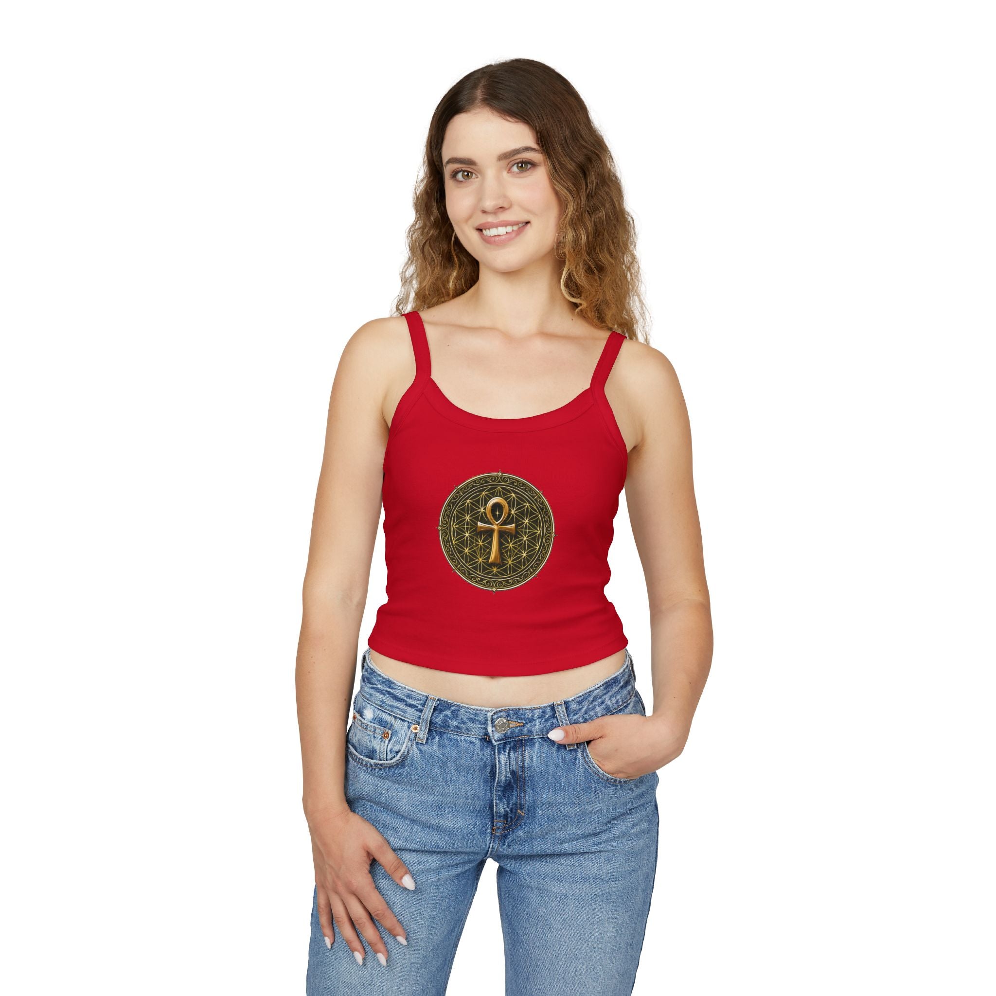 Women's Ankh & Flower of Life Tank Top - Sacred Geometry Spaghetti Strap