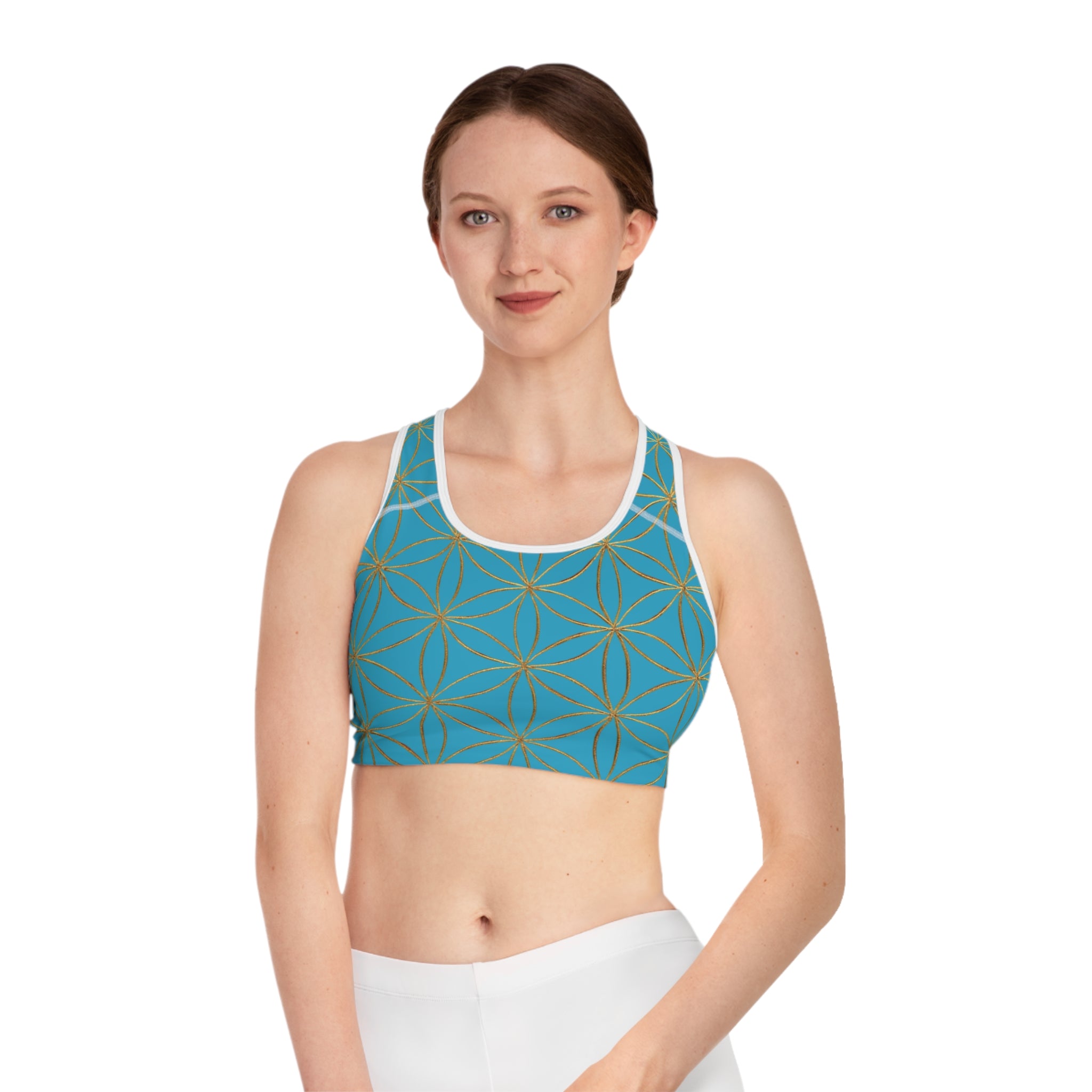 Bozz Queen Turquoise & Gold Flower of Life Sports Bra - Yoga Workout Top