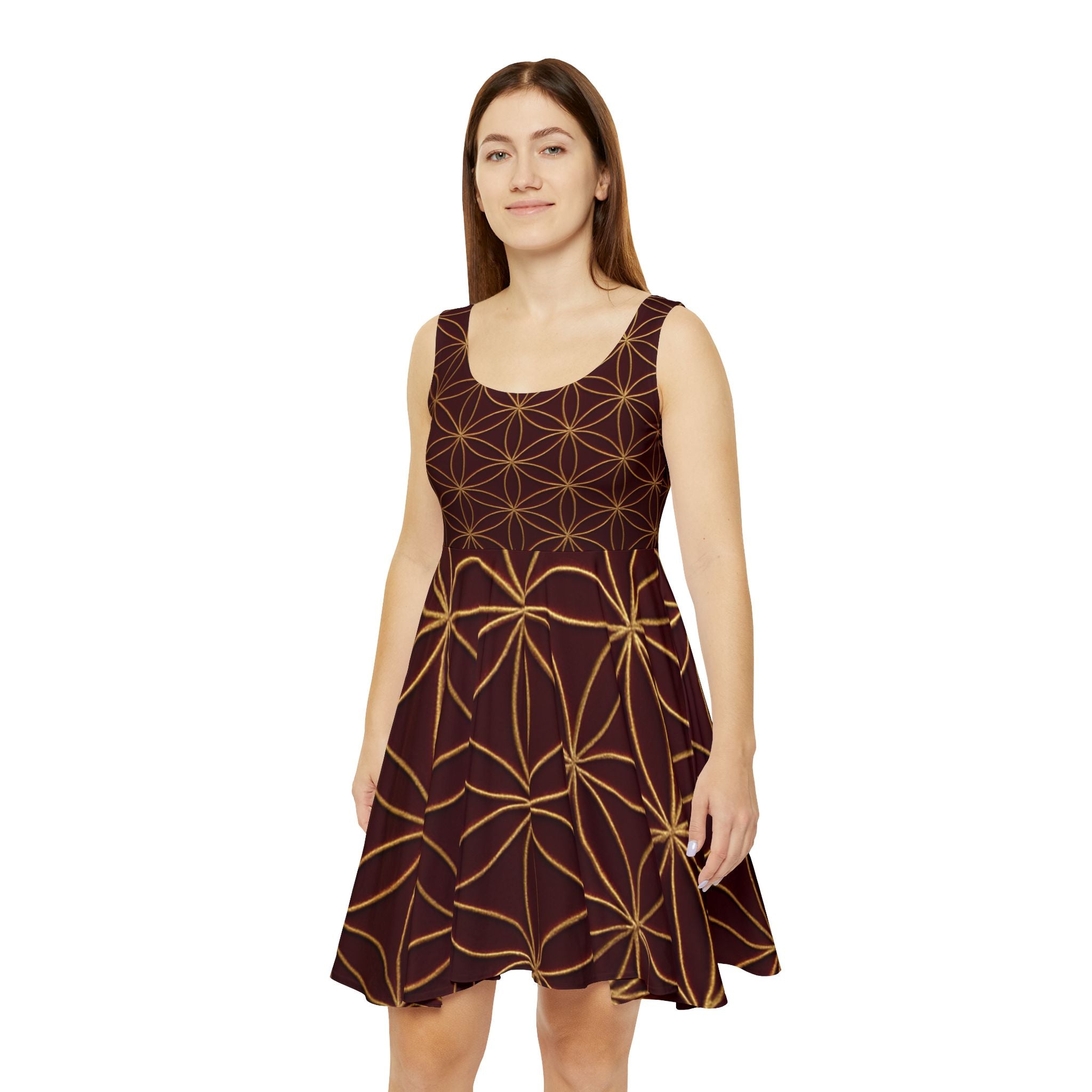 Burgundy Gold Flower of Life Skater Dress - Women's Stylish Party & Casual Dress