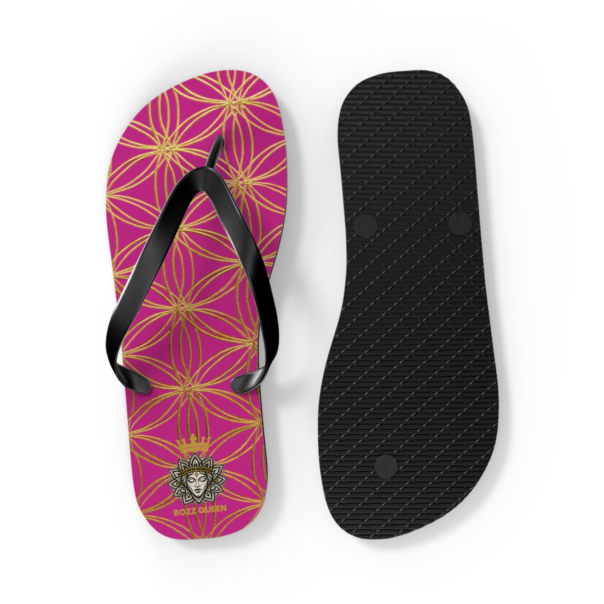 Bozz Queen Pink & Gold Flower of Life Flip Flops - Elegant Beach Sandals