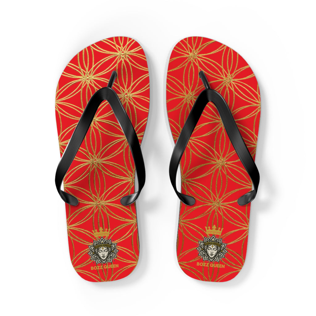 Bozz Queen Red & Gold Flower of Life Flip Flops - Elegant Beach Sandals