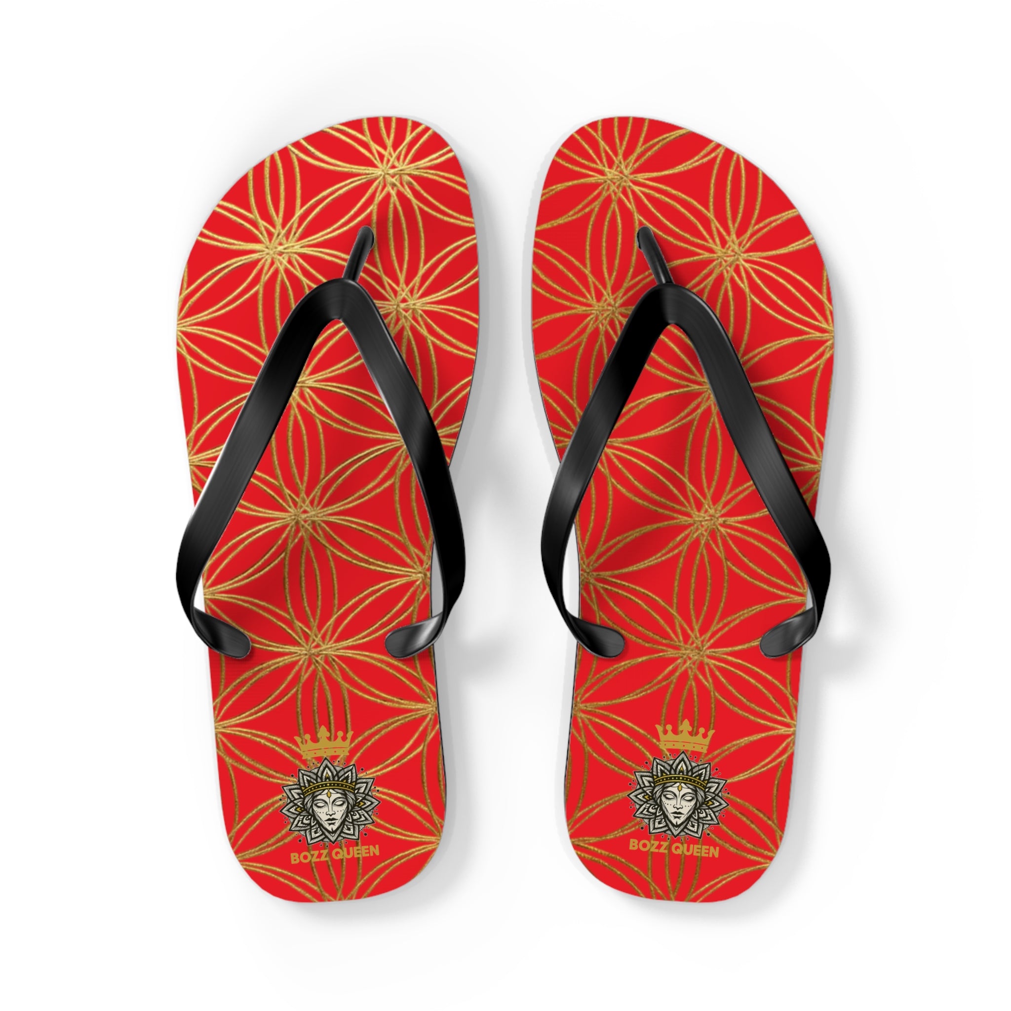 Bozz Queen Red & Gold Flower of Life Flip Flops - Elegant Beach Sandals