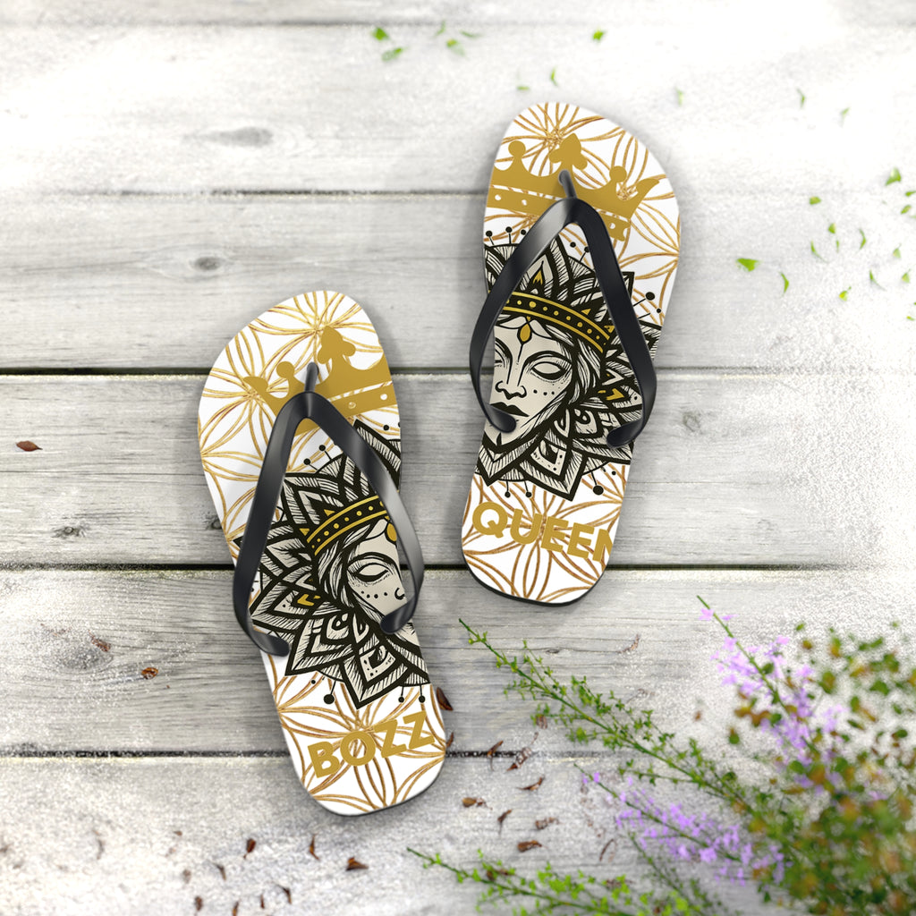 Bozz Queen White & Gold Flower of Life Flip Flops - Elegant Beach Sandals