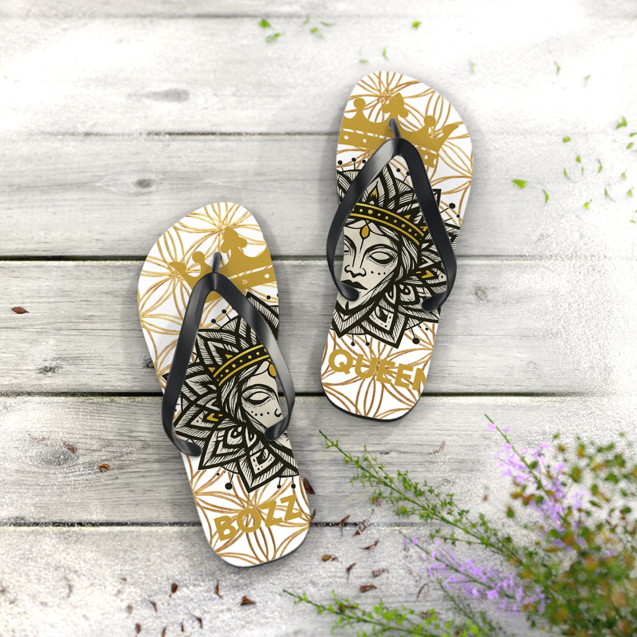Bozz Queen White & Gold Flower of Life Flip Flops - Elegant Beach Sandals
