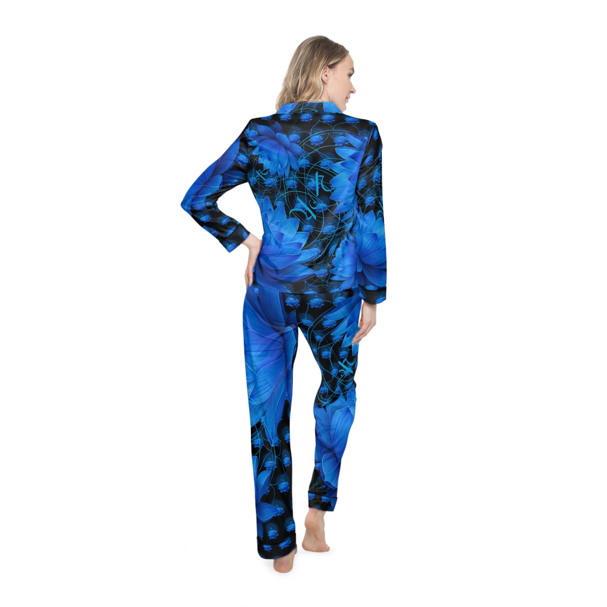 Throat Chakra Blossom Blue Satin Pajamas Set - Luxurious Women's Sleepwear