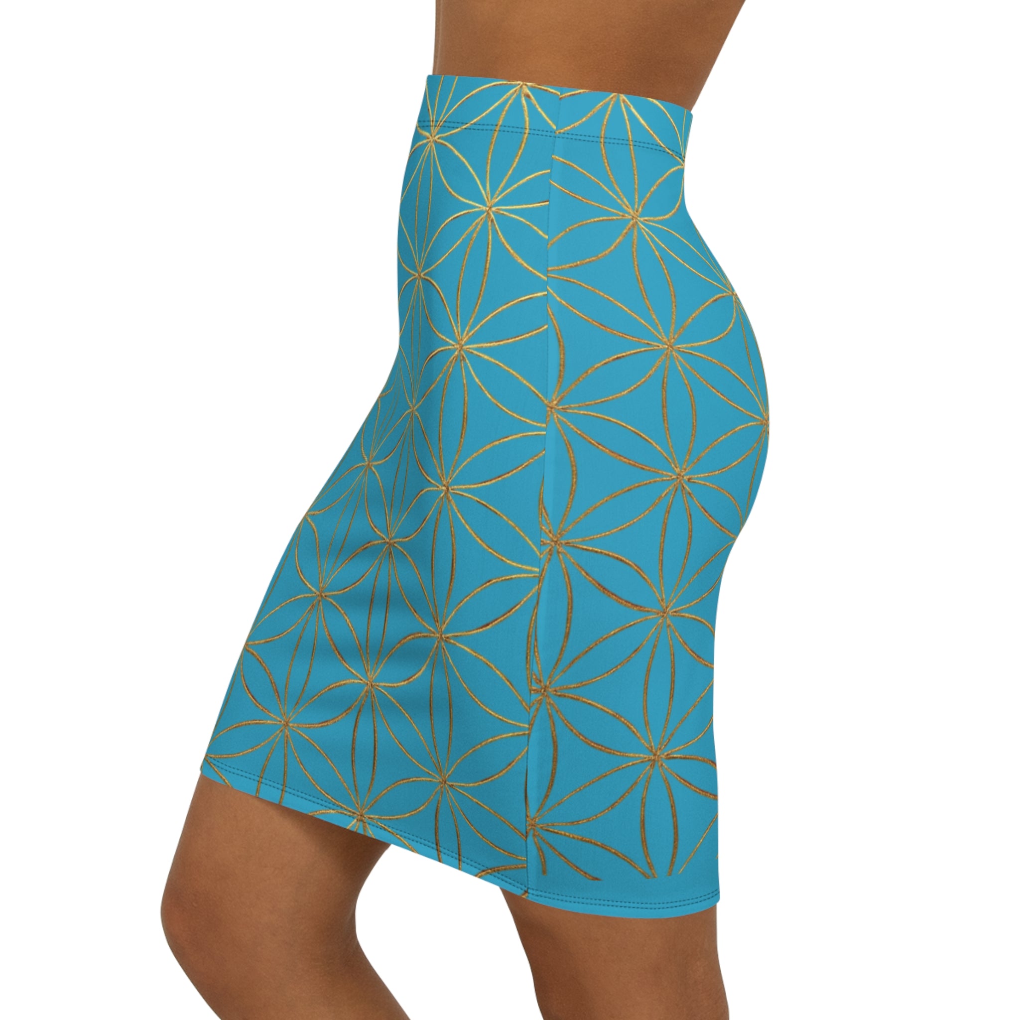 Turquoise Flower of Life Pencil Skirt - Women's Chic Office & Date Night Skirt