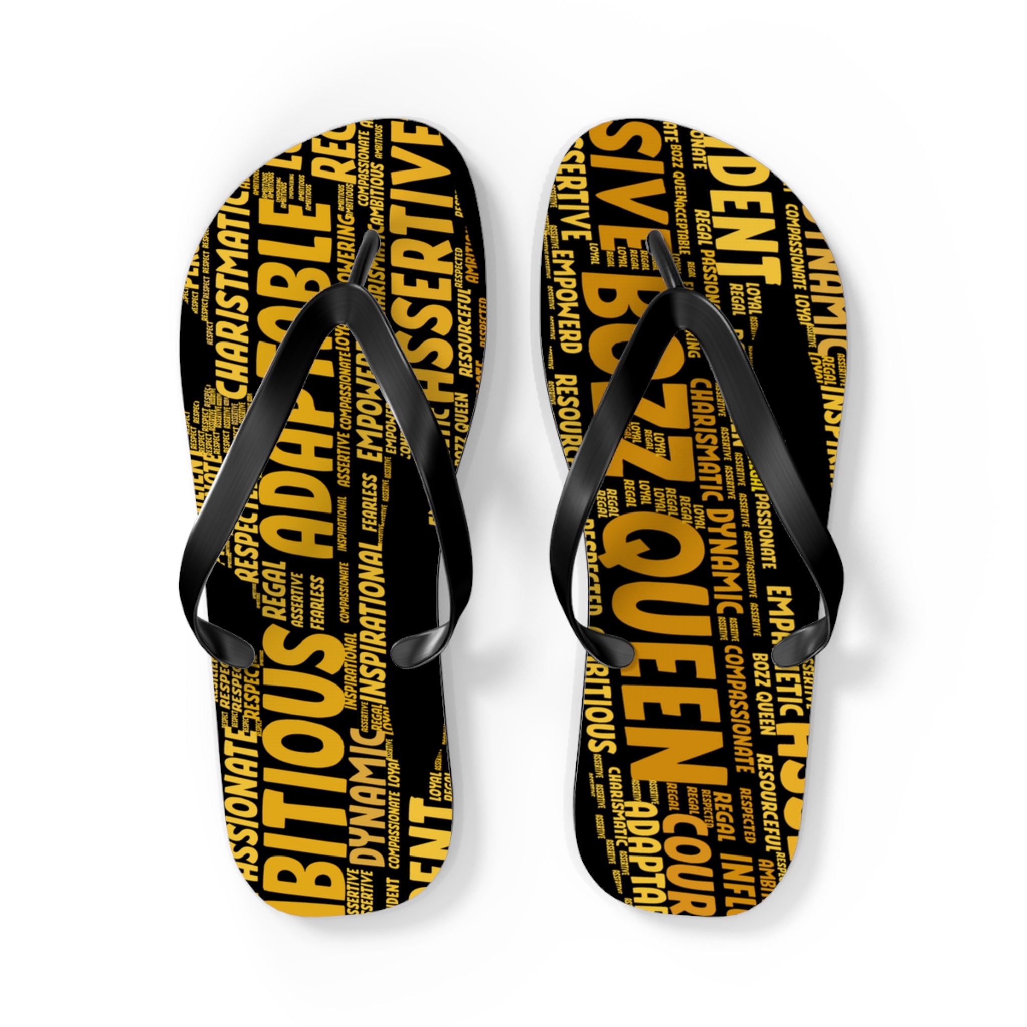 Bozz Queen Black & Gold Bold Statement Flip Flops - Tropical Beach Sandals