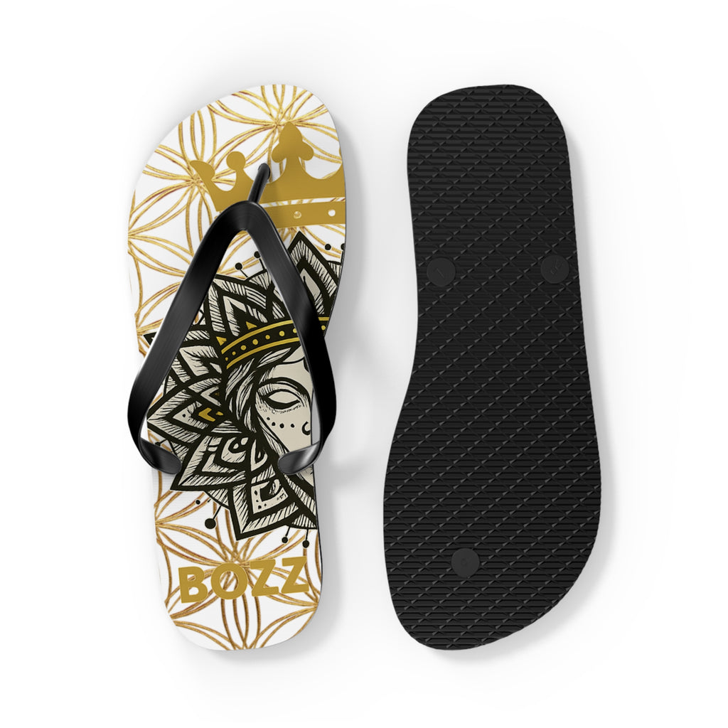 Bozz Queen White & Gold Flower of Life Flip Flops - Elegant Beach Sandals