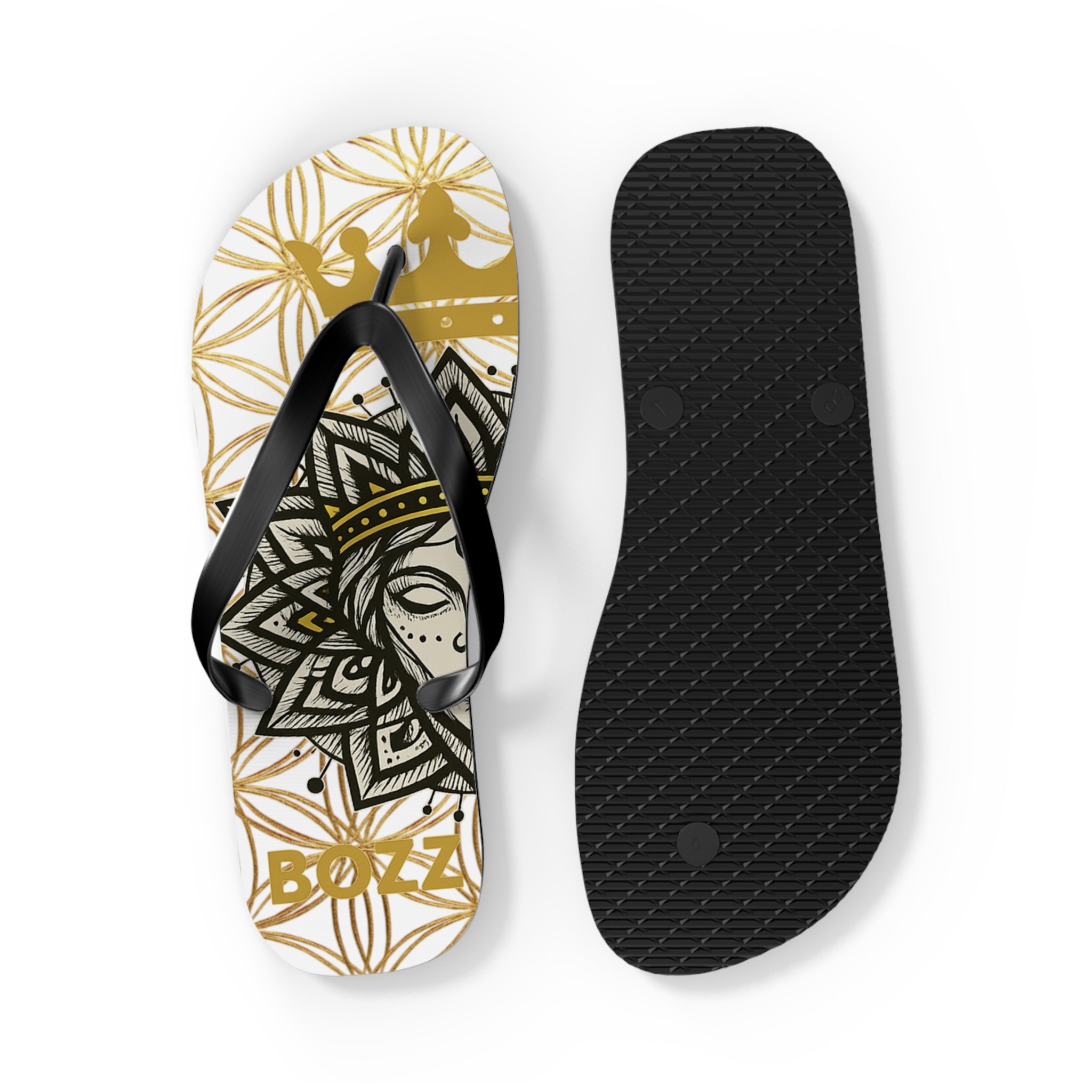 Bozz Queen White & Gold Flower of Life Flip Flops - Elegant Beach Sandals