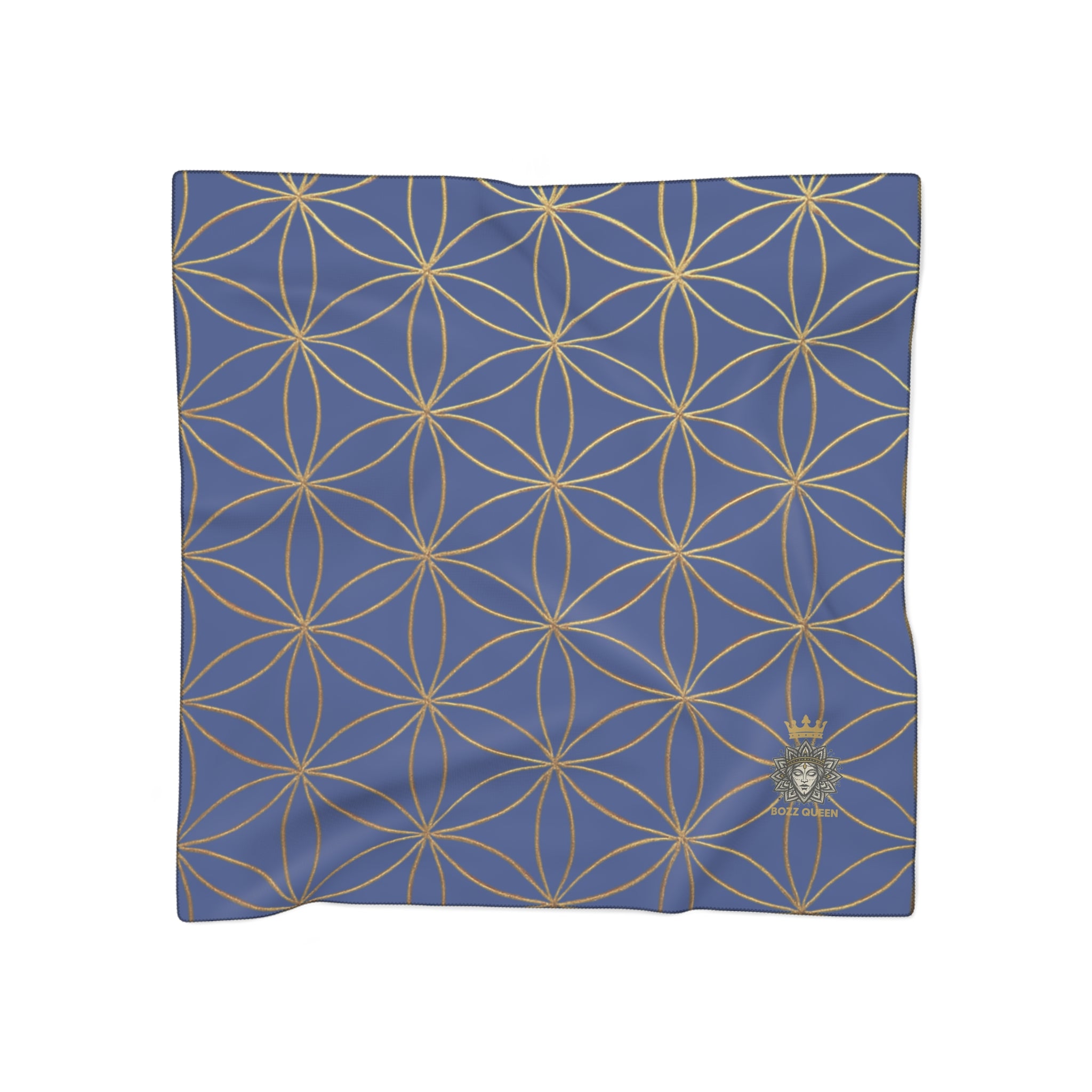 Bozz Queen Flower of Life Scarf - Dark Blue & Gold Elegant Lightweight Poly Scarf