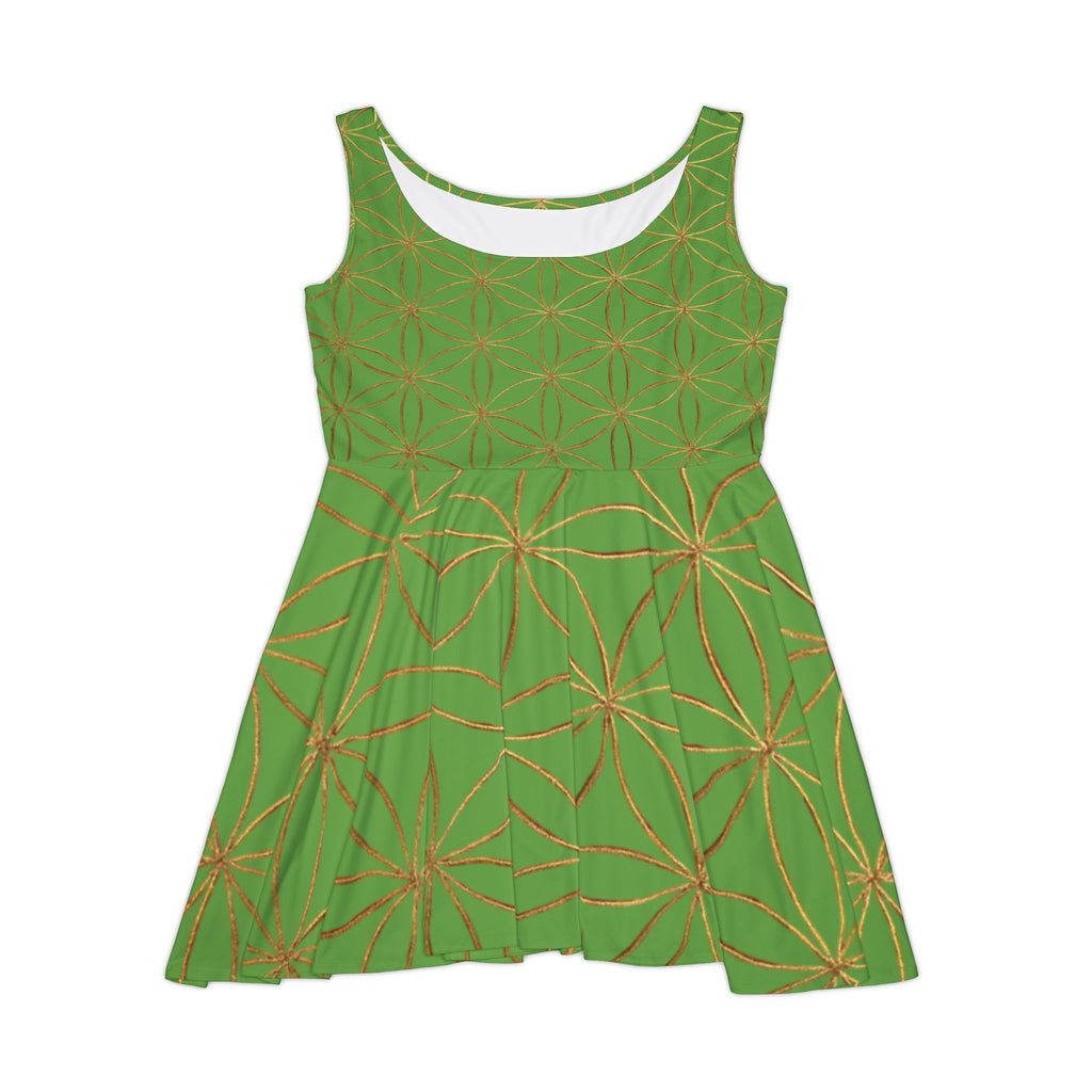Green Flower of Life Skater Dress - Women's Floral Gold Print Summer Dress