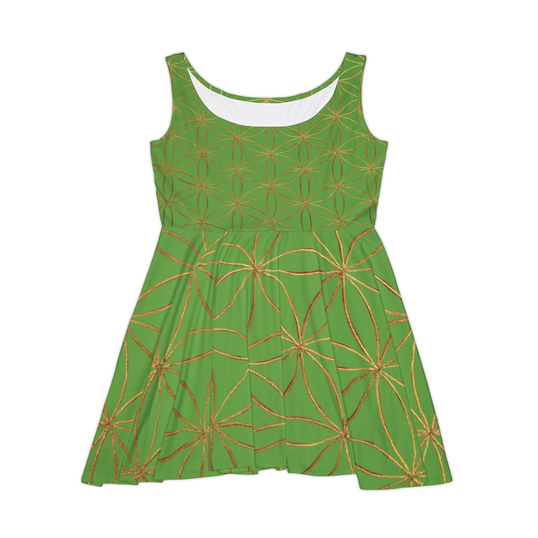 Green Flower of Life Skater Dress - Women's Floral Gold Print Summer Dress