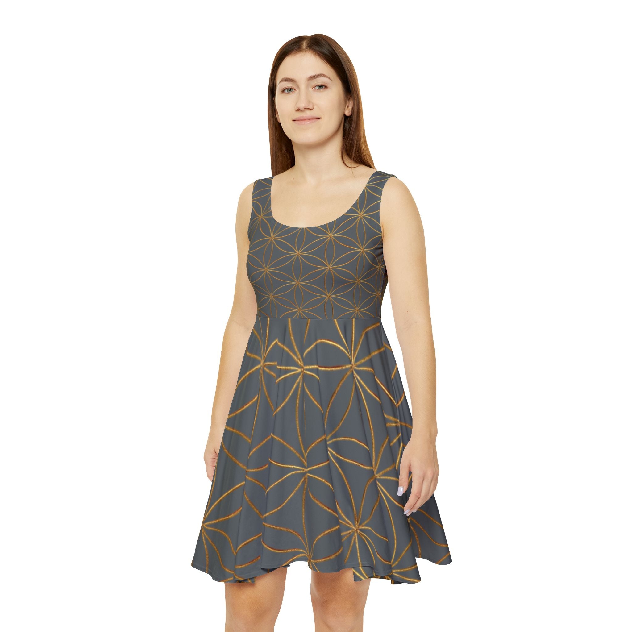 Dark Grey Flower of Life Skater Dress - Women's Floral Gold Print Summer Dress