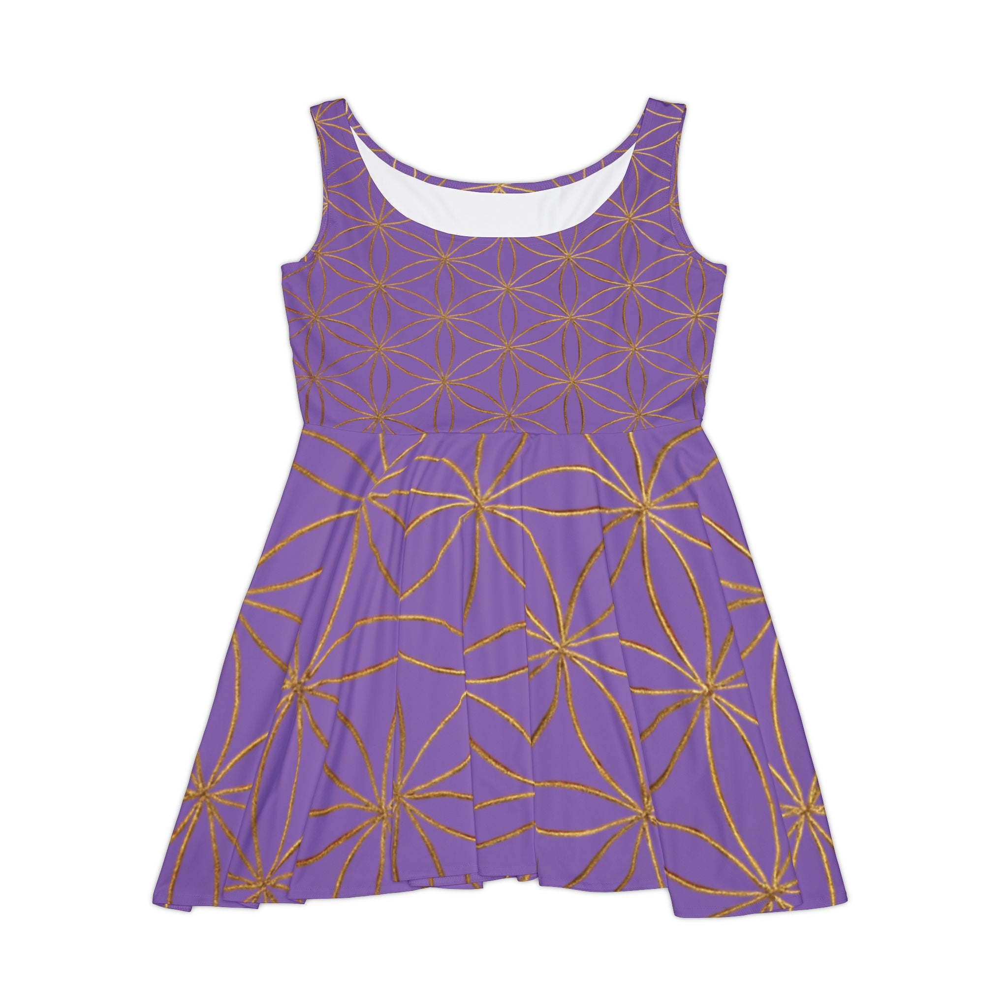 Light Purple Flower of Life Skater Dress - Women's Floral Gold Print Summer Dress