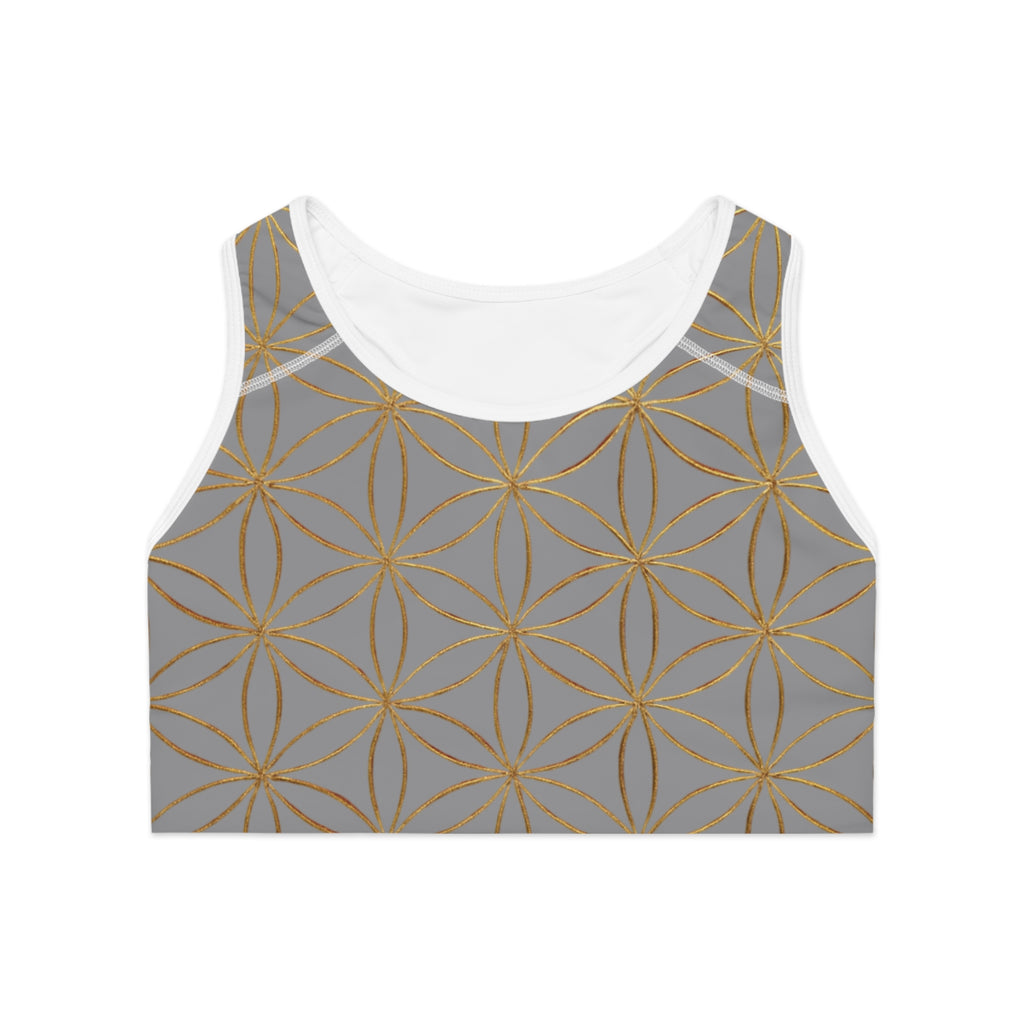 Bozz Queen Grey & Gold Flower of Life Sports Bra - Yoga Workout Top