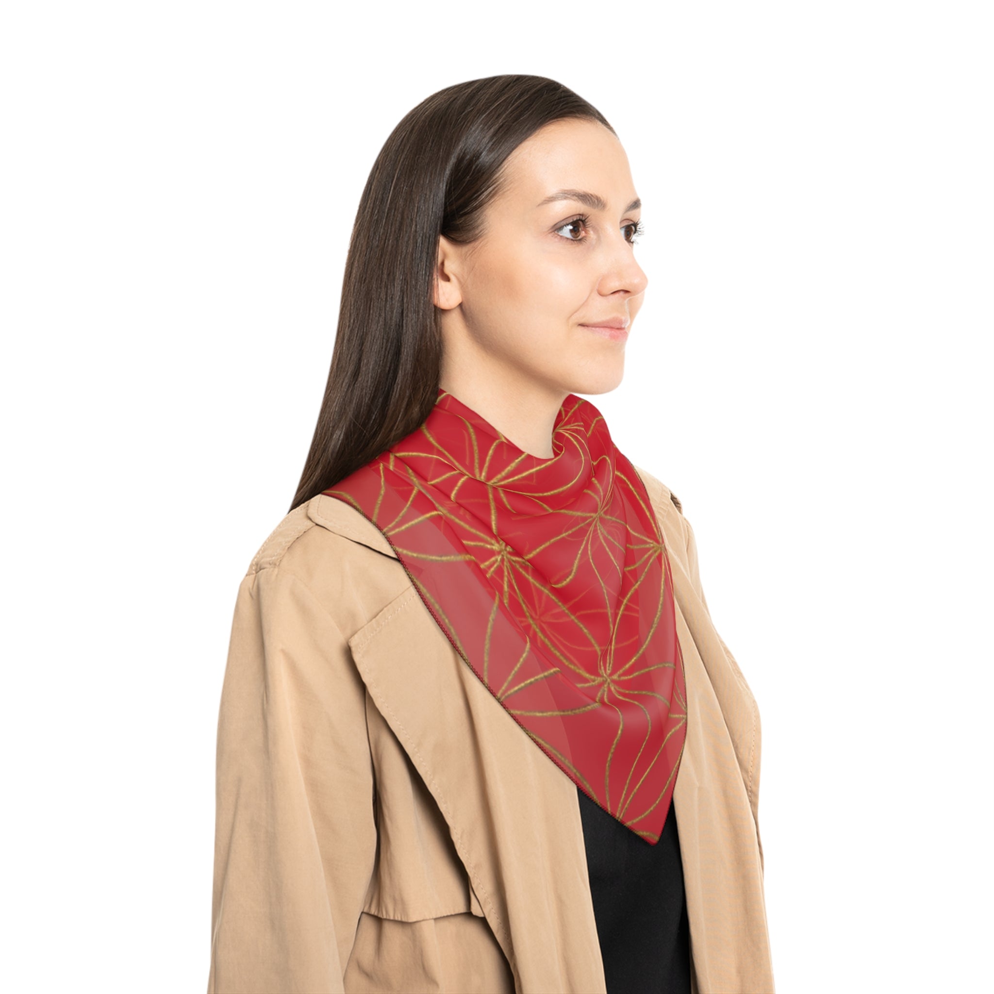 Bozz Queen Flower of Life Scarf - Dark Red & Gold Elegant Lightweight Poly Scarf