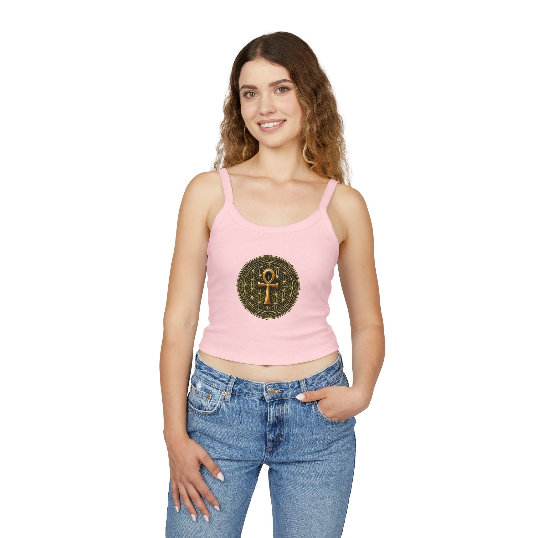 Women's Ankh & Flower of Life Tank Top - Sacred Geometry Spaghetti Strap
