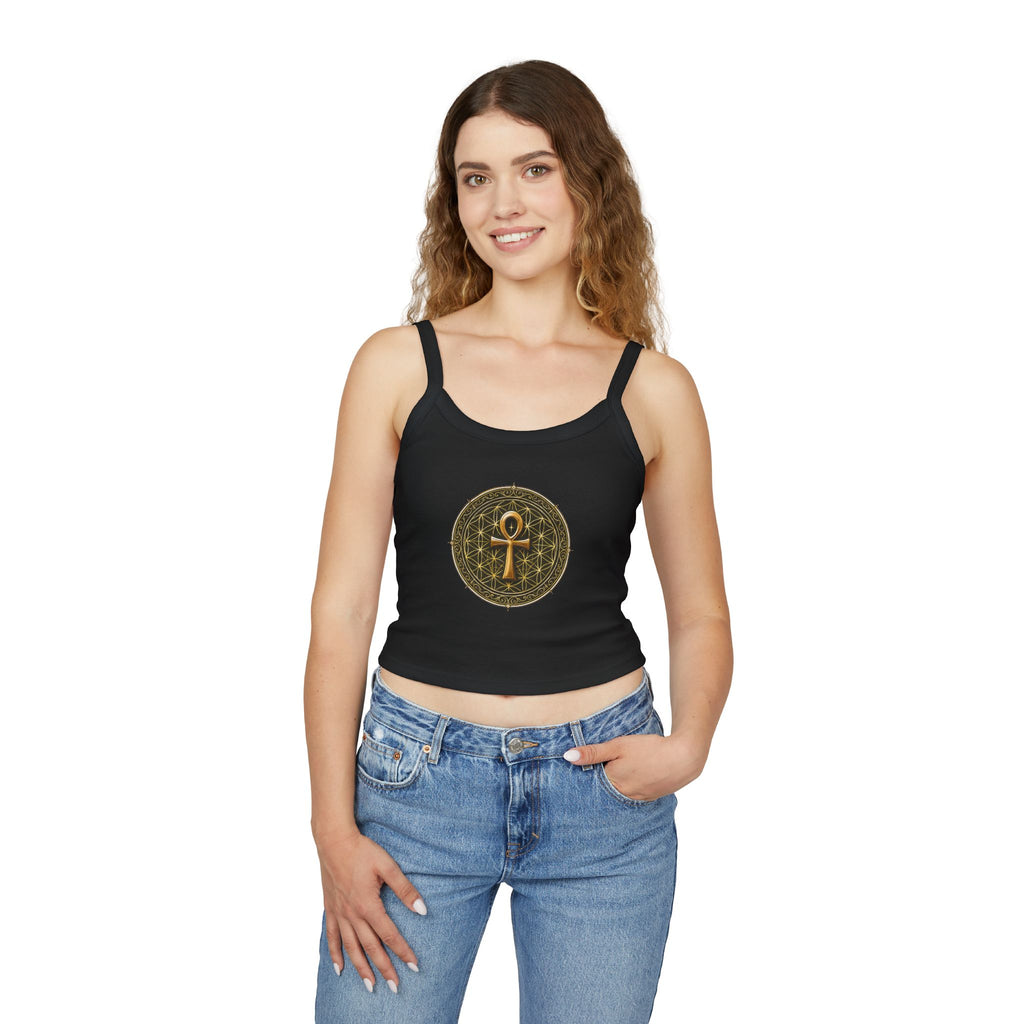 Women's Ankh & Flower of Life Tank Top - Sacred Geometry Spaghetti Strap