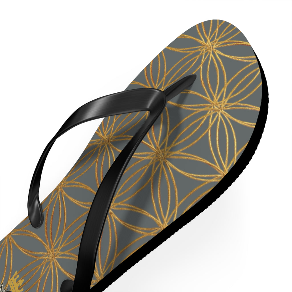 Bozz Queen Dark Grey & Gold Flower of Life Flip Flops - Elegant Beach Sandals