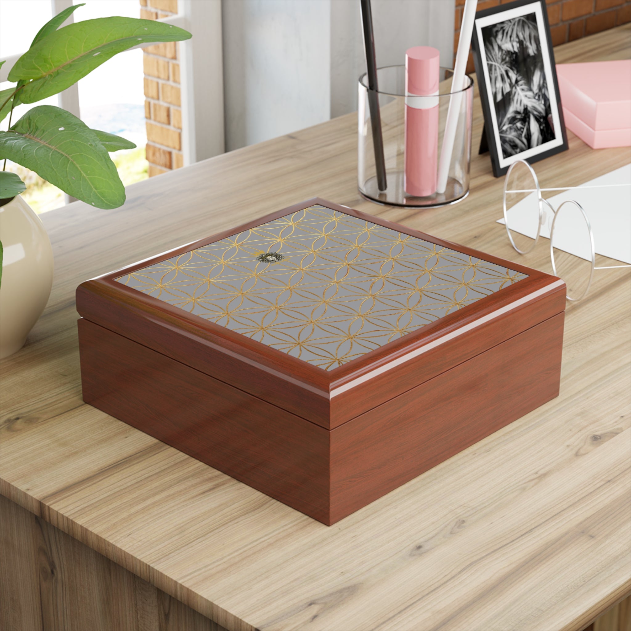 Flower of Life Jewelry Box - Brown & Gold Elegant Keepsake Organizer