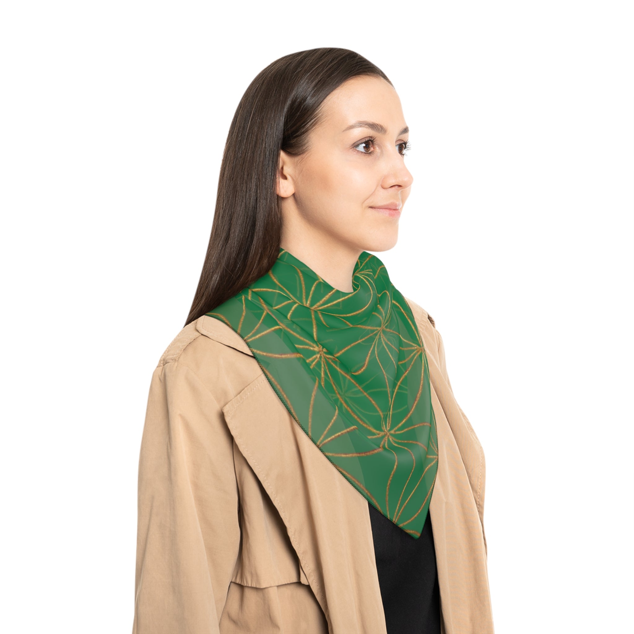 Bozz Queen Flower of Life Scarf - Dark Green & Gold Elegant Lightweight Poly Scarf
