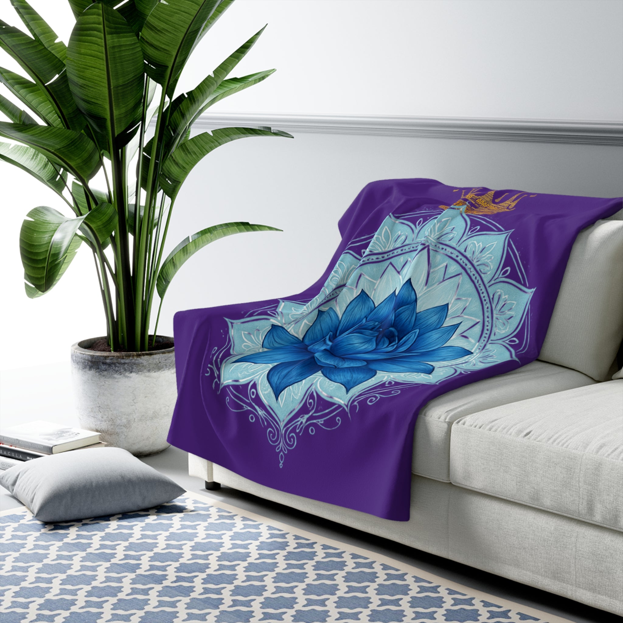 Throat Chakra Purple Sherpa Blanket with Golden Rose - Communication & Truth
